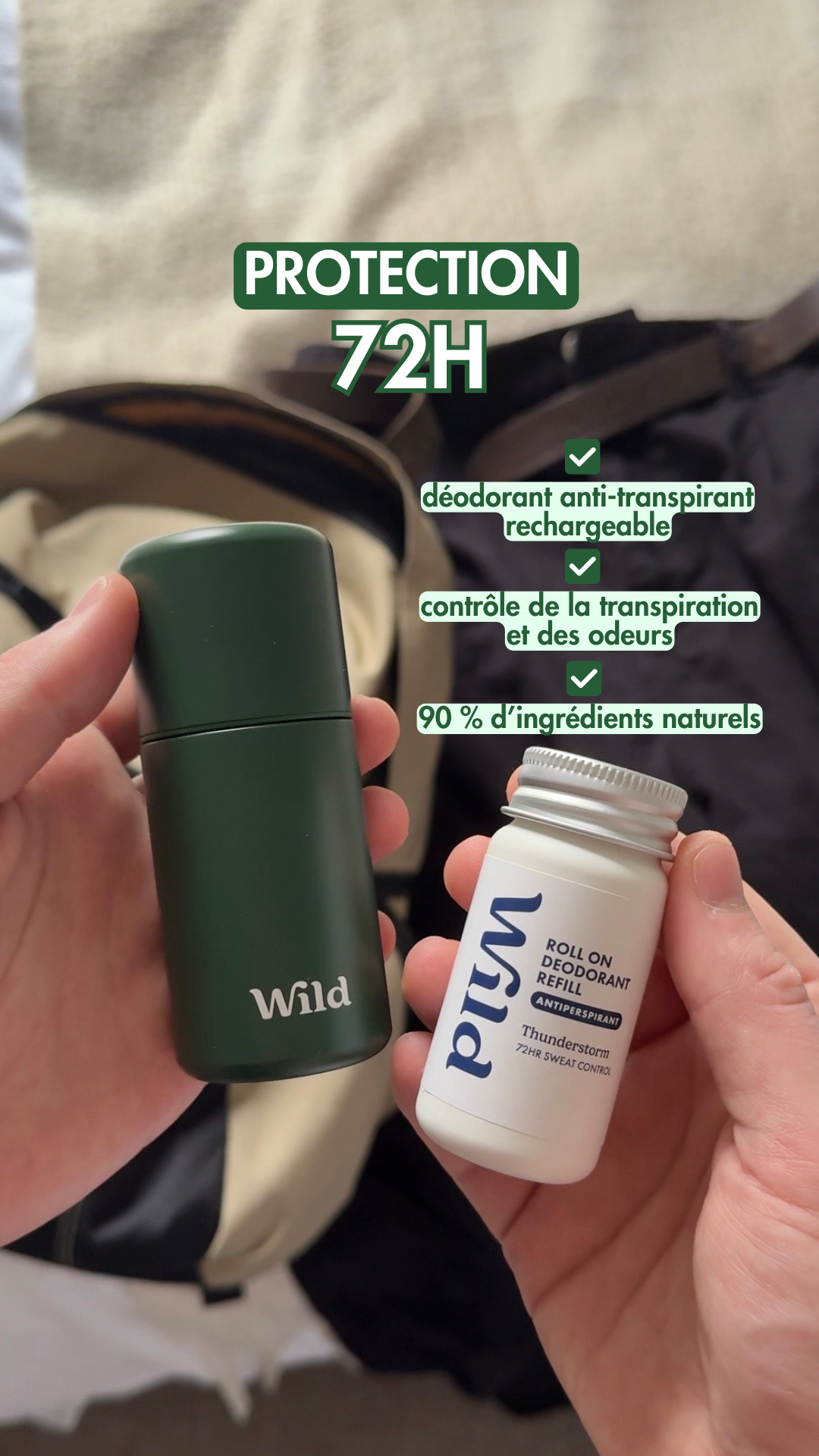 Wild Facebook ad: Fraîcheur toute la journée et protection jusqu’à 72 h.