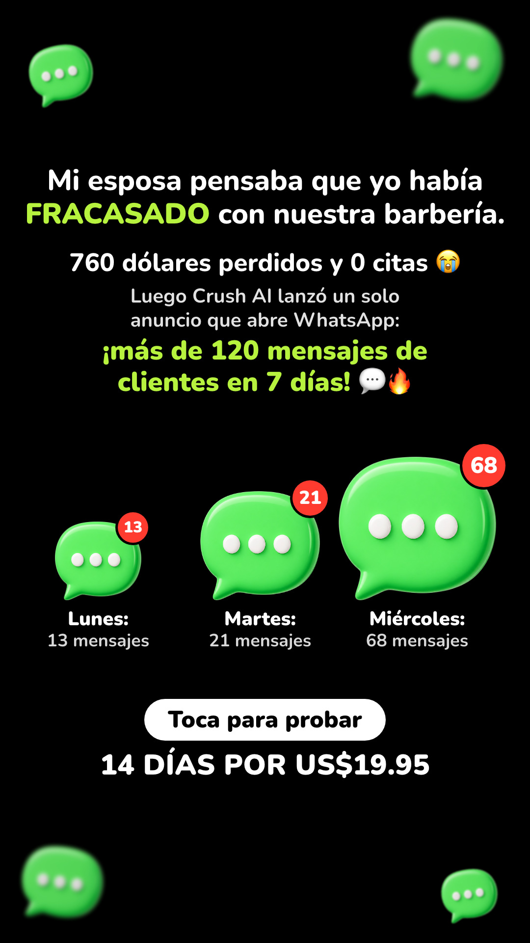 trycrush.ai Facebook ad: 760 dólares perdidos. Luego, 120+ mensajes