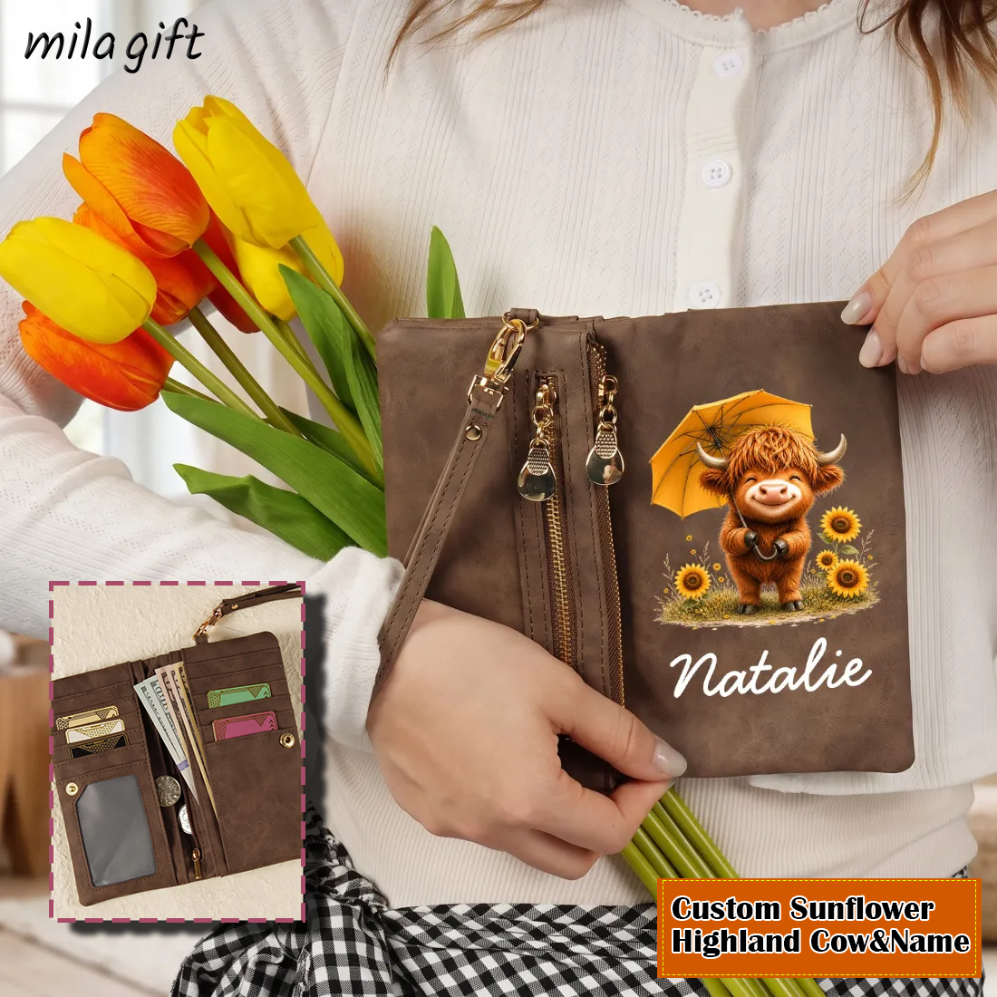 MilaGift Facebook ad: Personalized Cute Highland Cow Wristlet Wallet with Name…