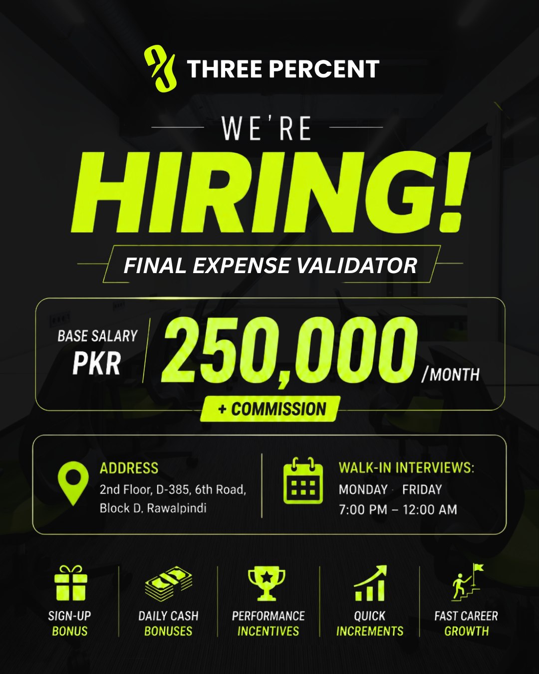 Threepercent. Facebook ad: APPLY NOW