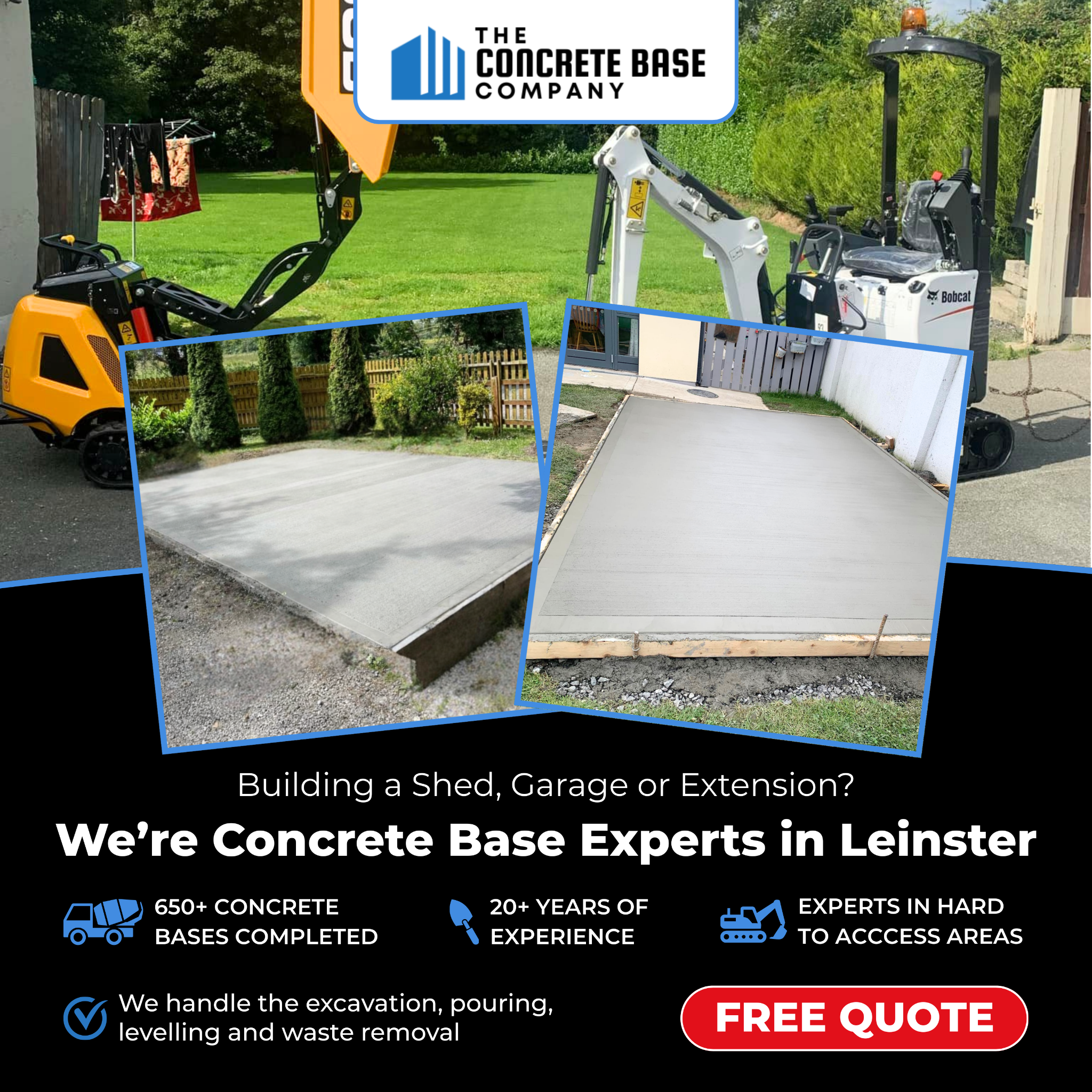The Concrete Base Company Facebook ad: Concrete Bases for Sheds, Garden Rooms & Extensions