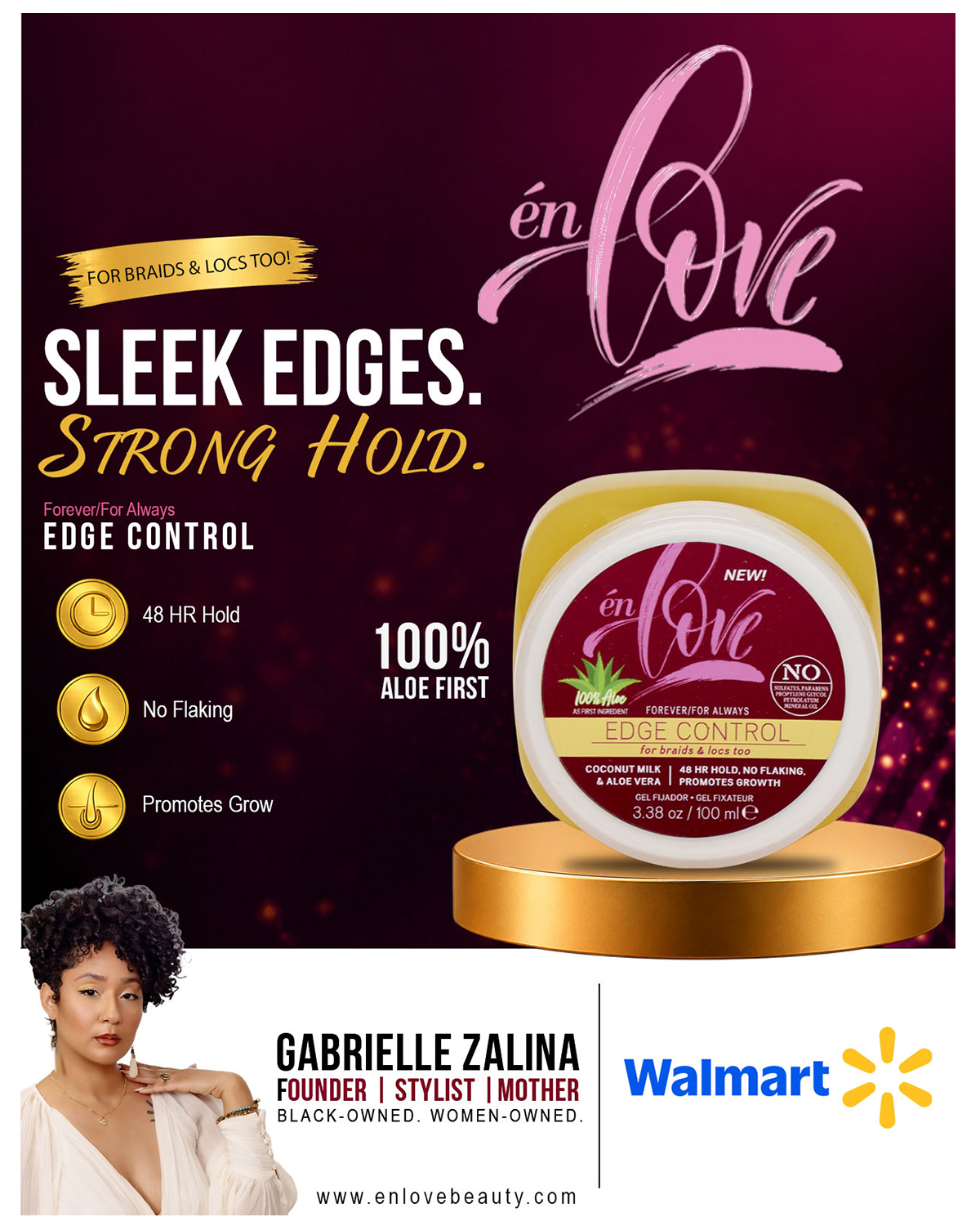 En Love Beauty Facebook ad: Now at Walmart, Sleek Edges. Strong Hold. All Day.