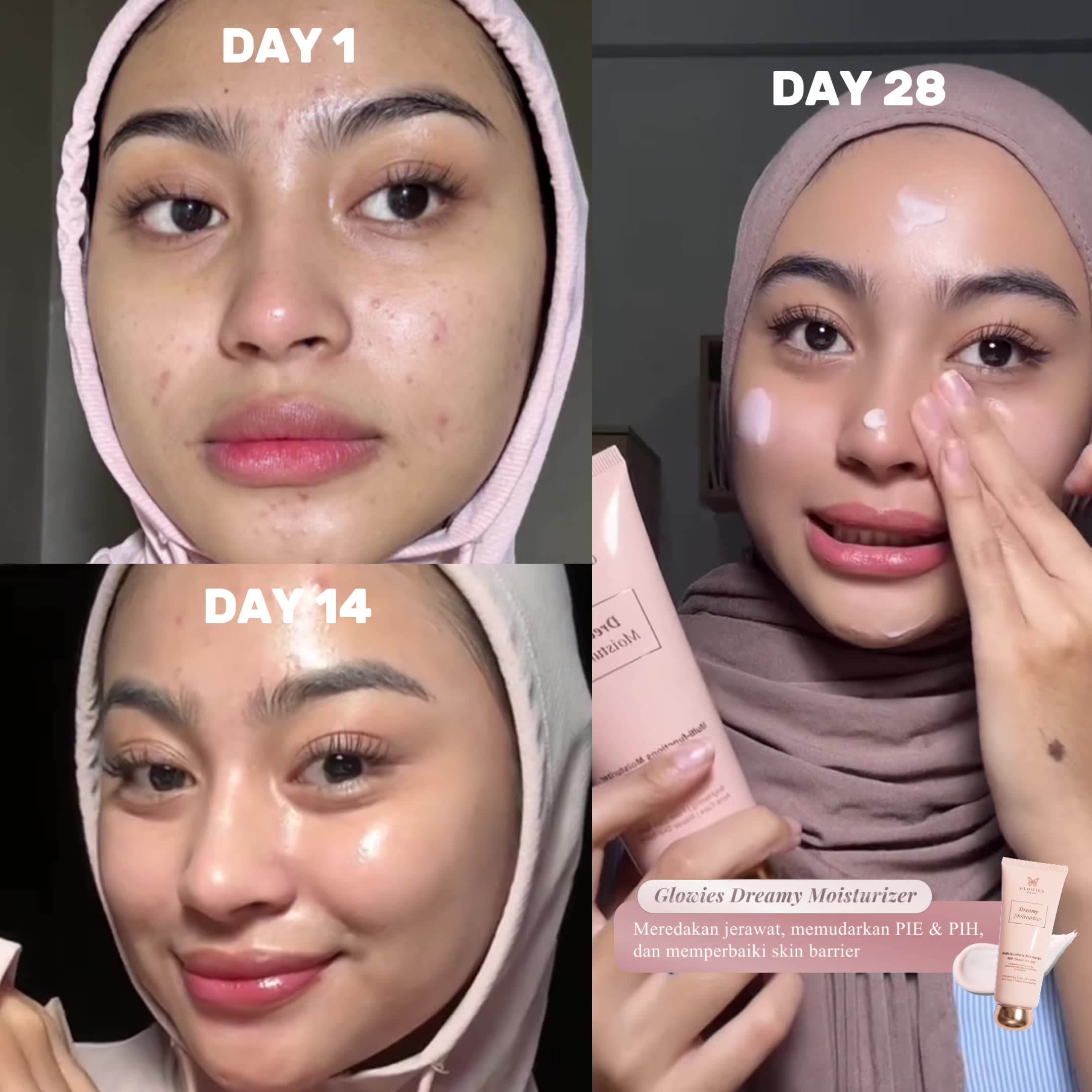 Glowies Beauty Facebook ad: 28 day using dreamy moisturizer as a routine