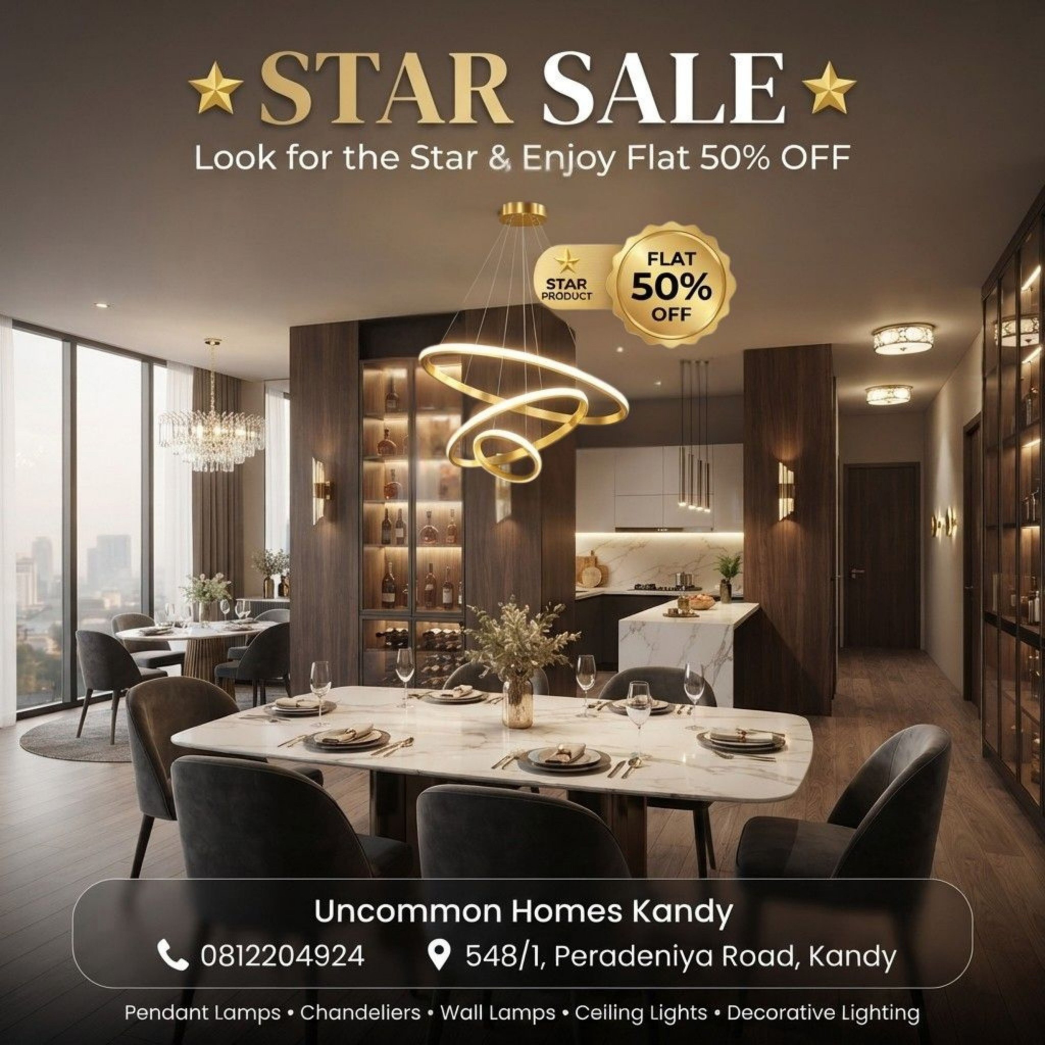 Uncommon Homes Kandy Facebook ad: STAR SALE, FLAT 50% OFF!