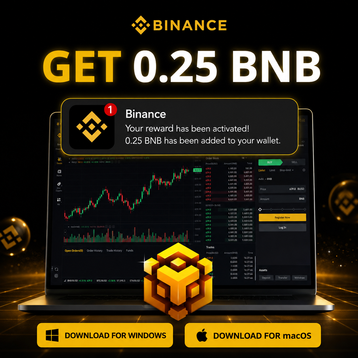 Capital Desk Facebook ad: Get Up to 0.25 BNB with Binance Desktop