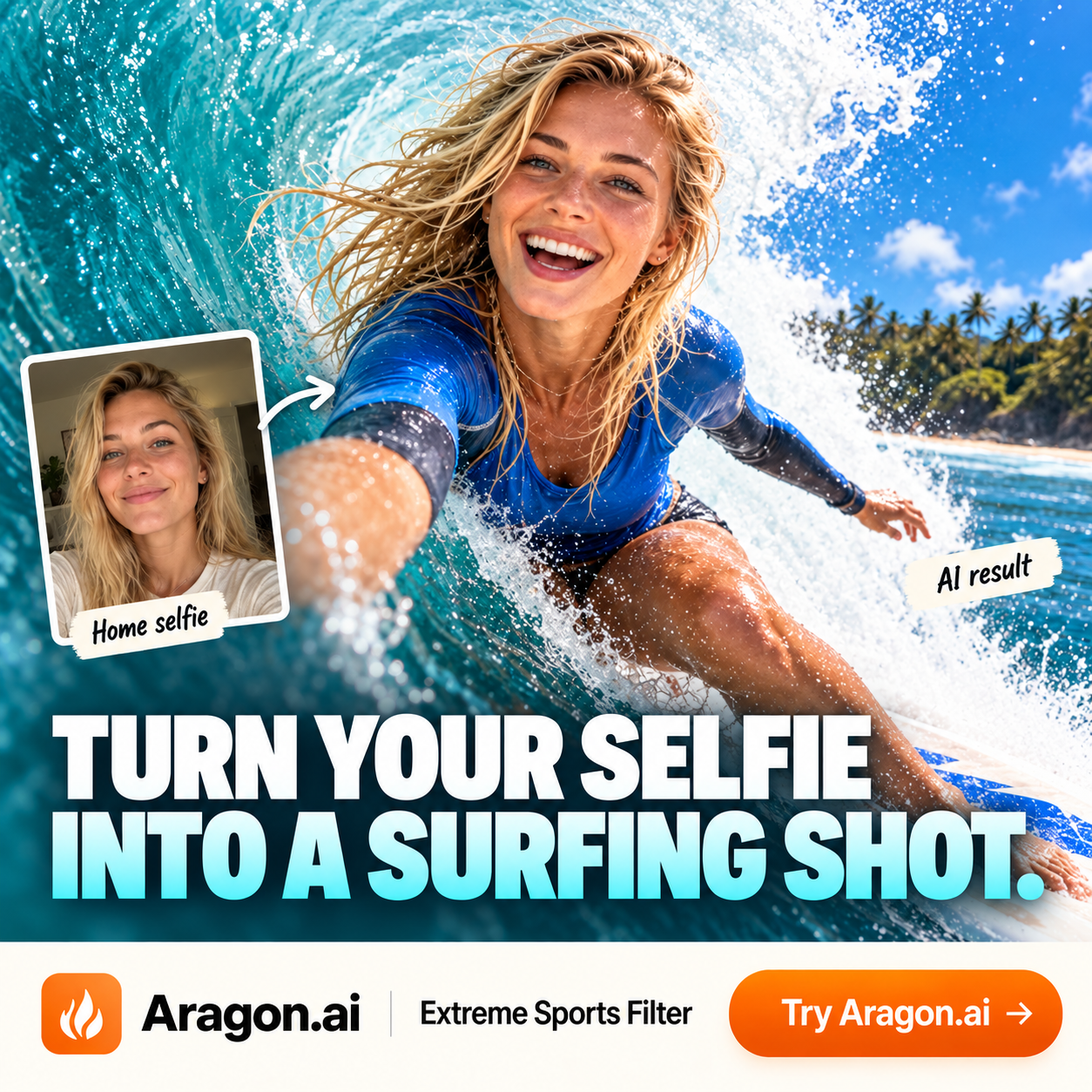Aragon.ai Facebook ad: Turn Your Selfie Into an Adventure