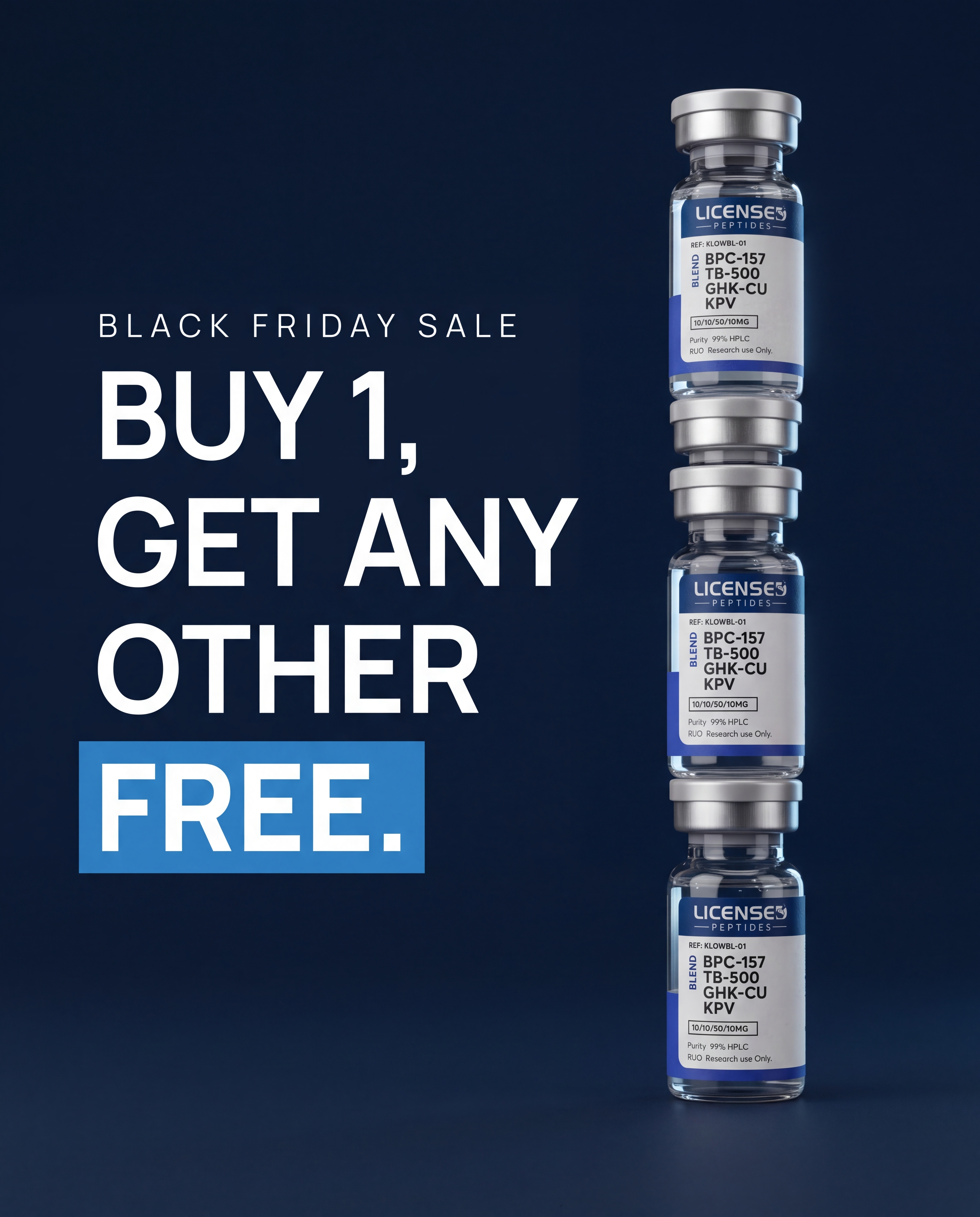 Licensed Peptides Facebook ad: 2 FOR 1, PICK ANY VIAL FREE