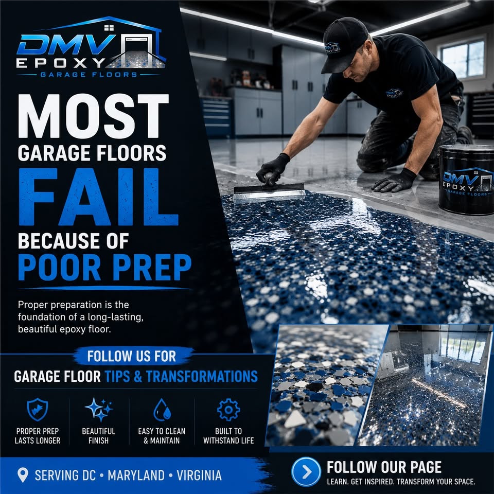 DMV Epoxy Garage Floors Facebook ad: Most garage floors don’t fail because of the…
