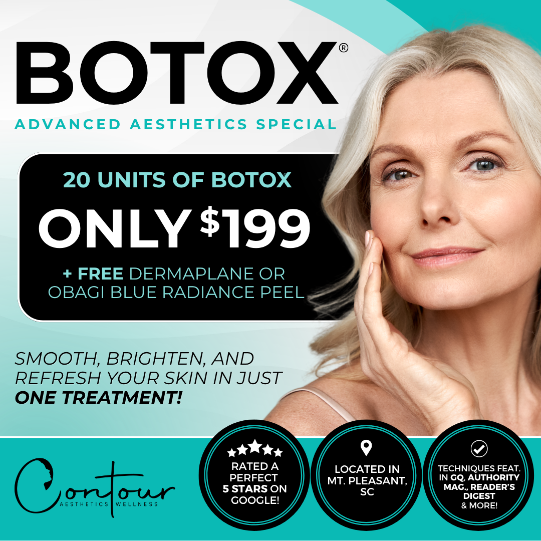 Contour Aesthetics & Wellness Facebook ad: 1 Area of Botox (20 units) + Dermaplane or Peel ONLY $199!