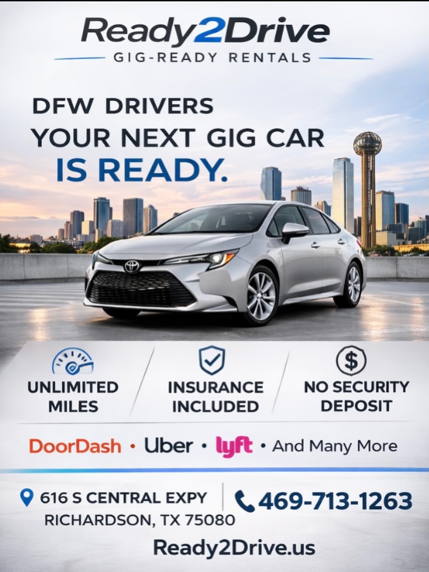 Ready2Drive Facebook ad: DFW drivers, your next gig car is ready.