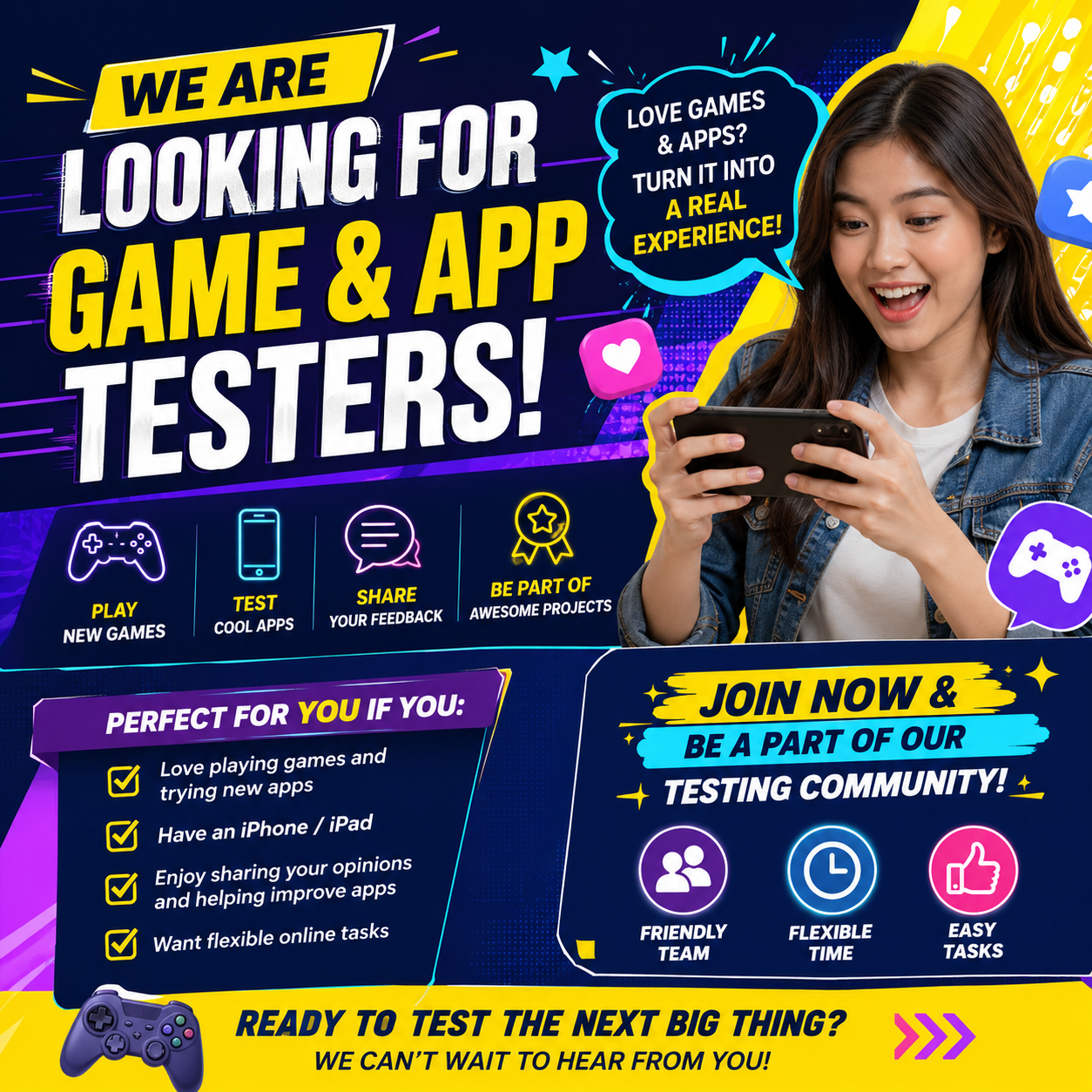 Product Experience Hub Facebook ad: Become an App & Game Tester