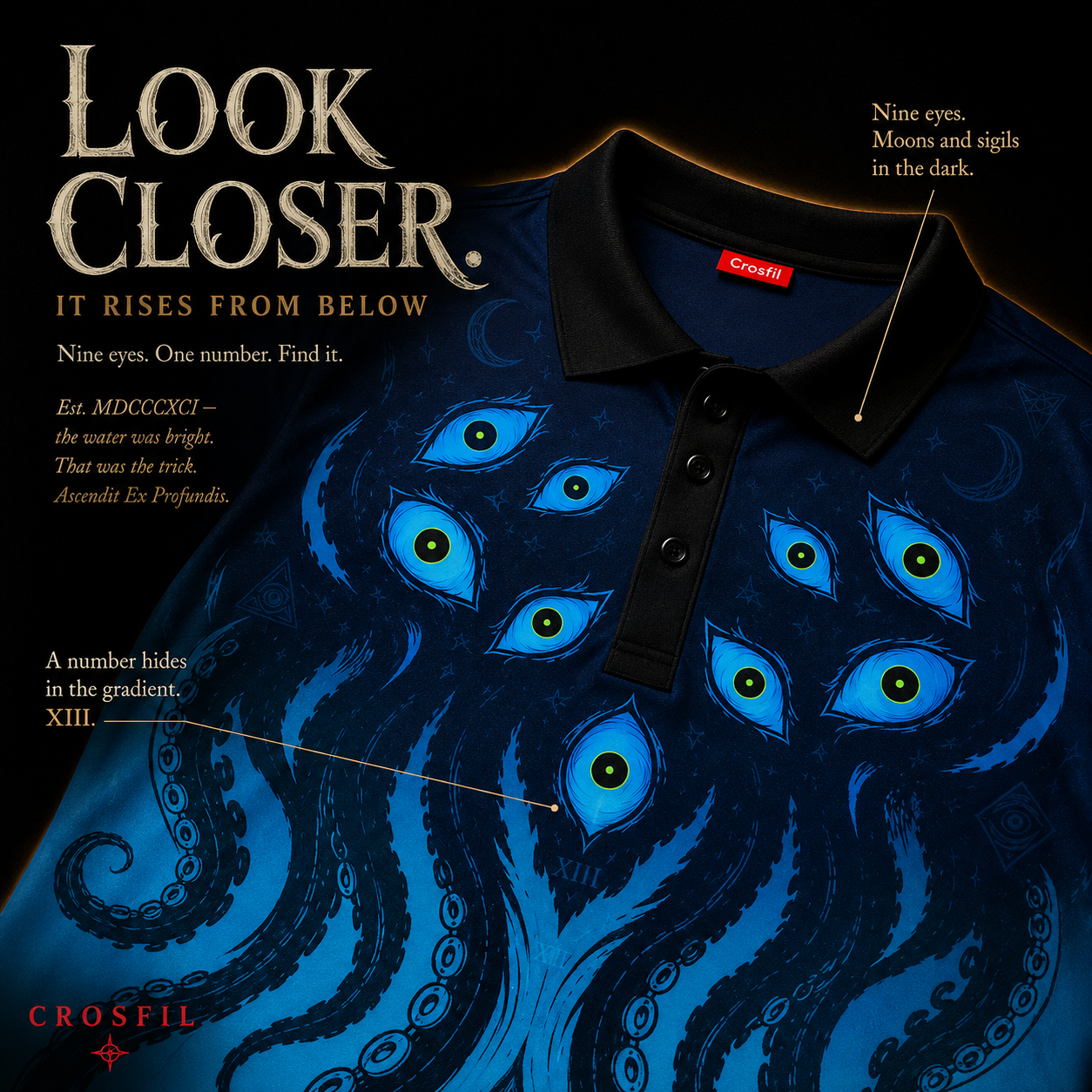 Crosfil Dark Aesthetic Facebook ad: The Many-Eyed, Eldritch Cosmic Horror Polo Shirt