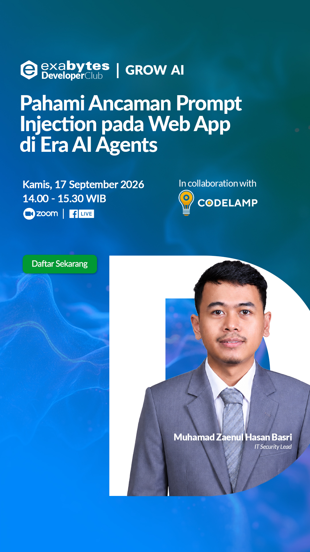 Exabytes Indonesia Facebook ad: Gratis! Webinar AI Security bersama Exabytes & Codelamp