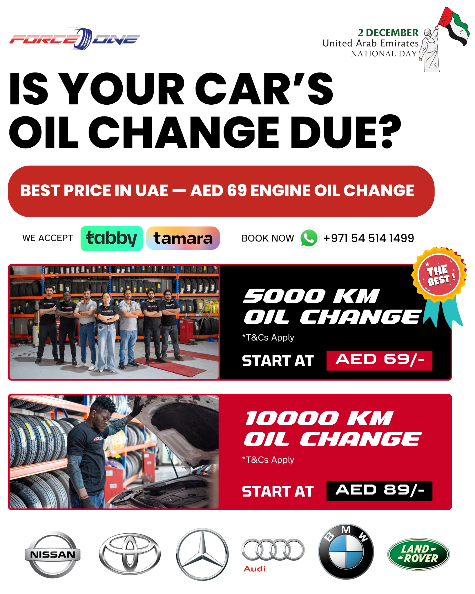 Force One Tyres Facebook ad: Quick. Affordable. AED 69 Oil Change.