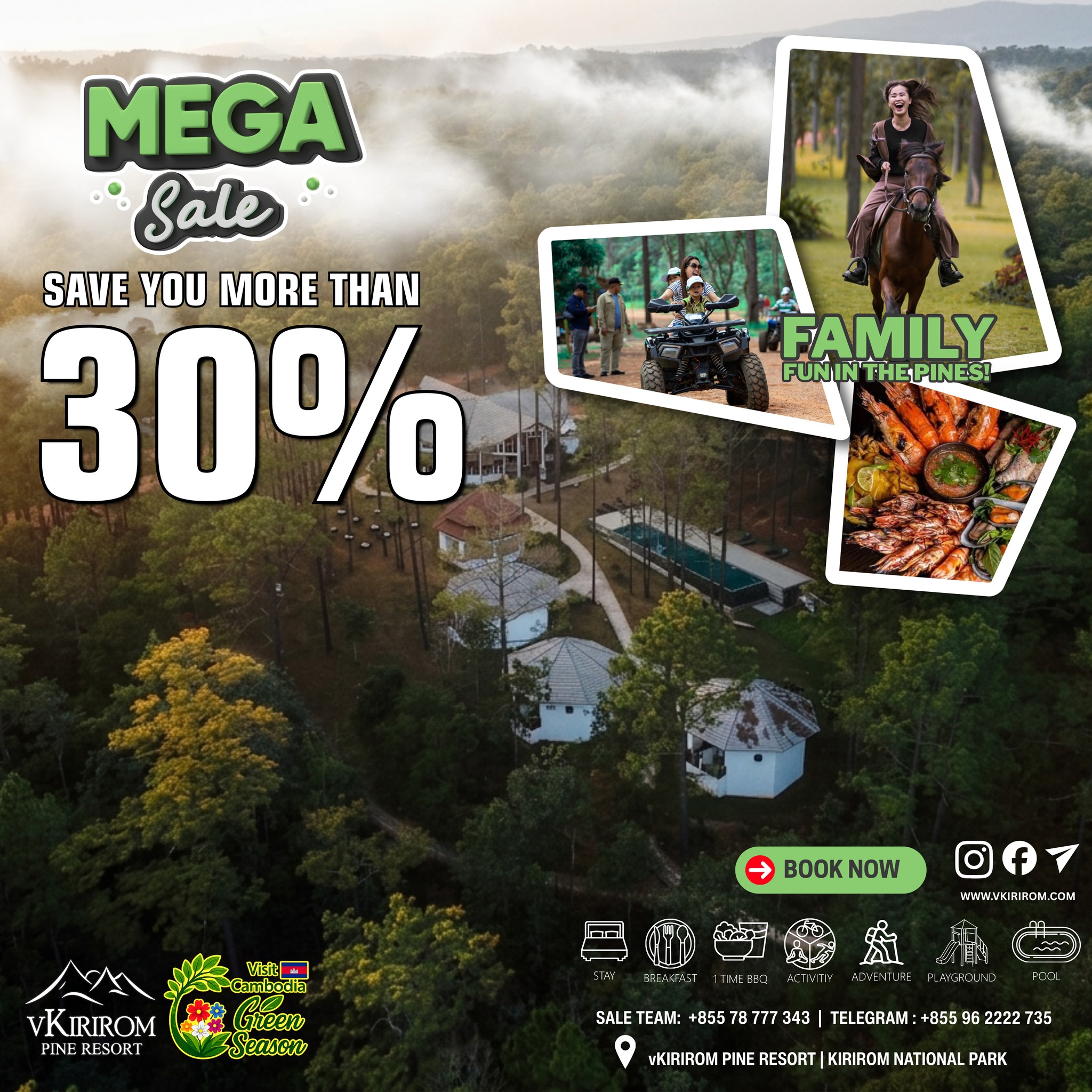vKirirom Pine Resort Facebook ad: MEGA SALE, ស្វាគមន៍មកកាន់រដូវបៃតងនៅ vKirirom Pine Resort!