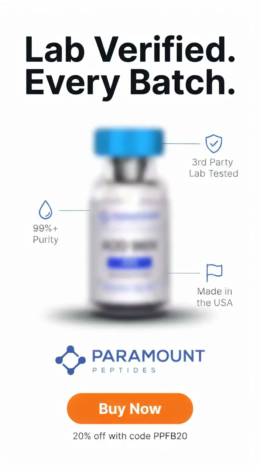 Paramount Peptides Sale Facebook ad: Get 20% Off Your First Order.