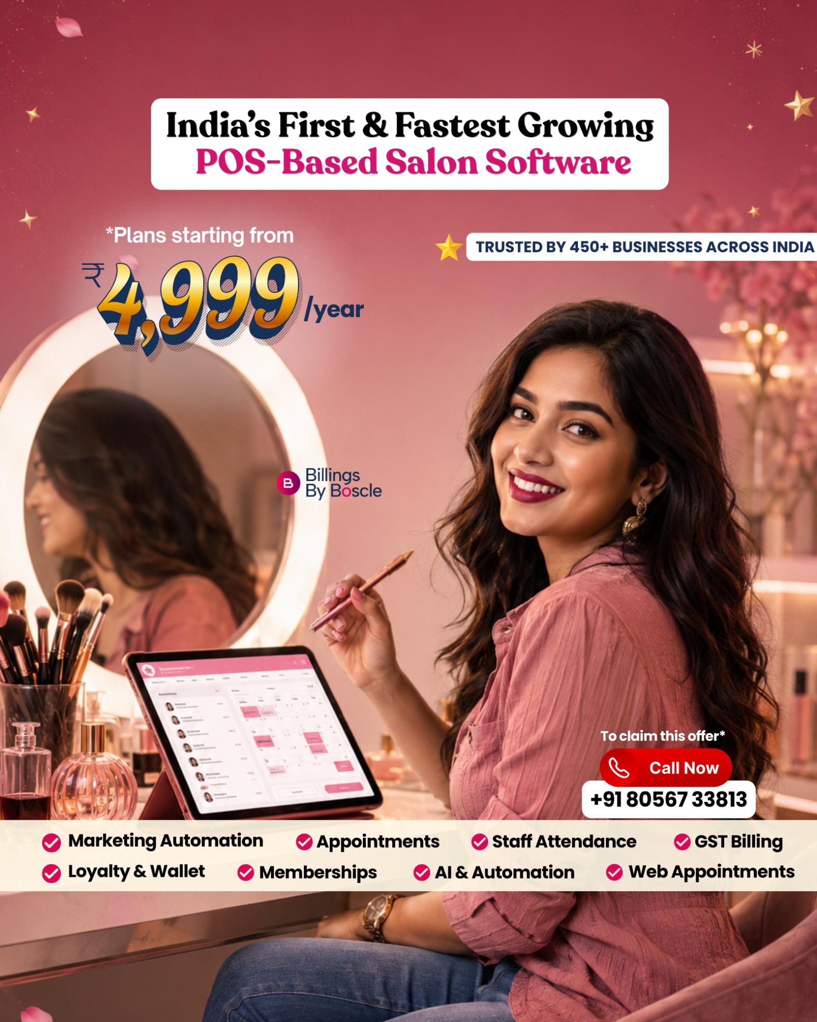 Boscle Facebook ad: Trusted by 450+ salons & spas across India