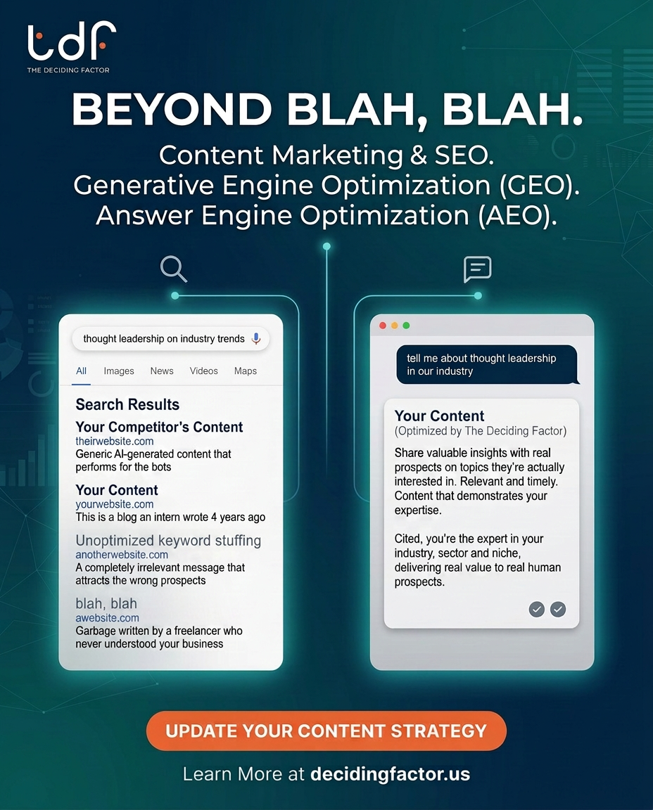 The Deciding Factor Facebook ad: Beyond blah, blah: Content that captures customers.