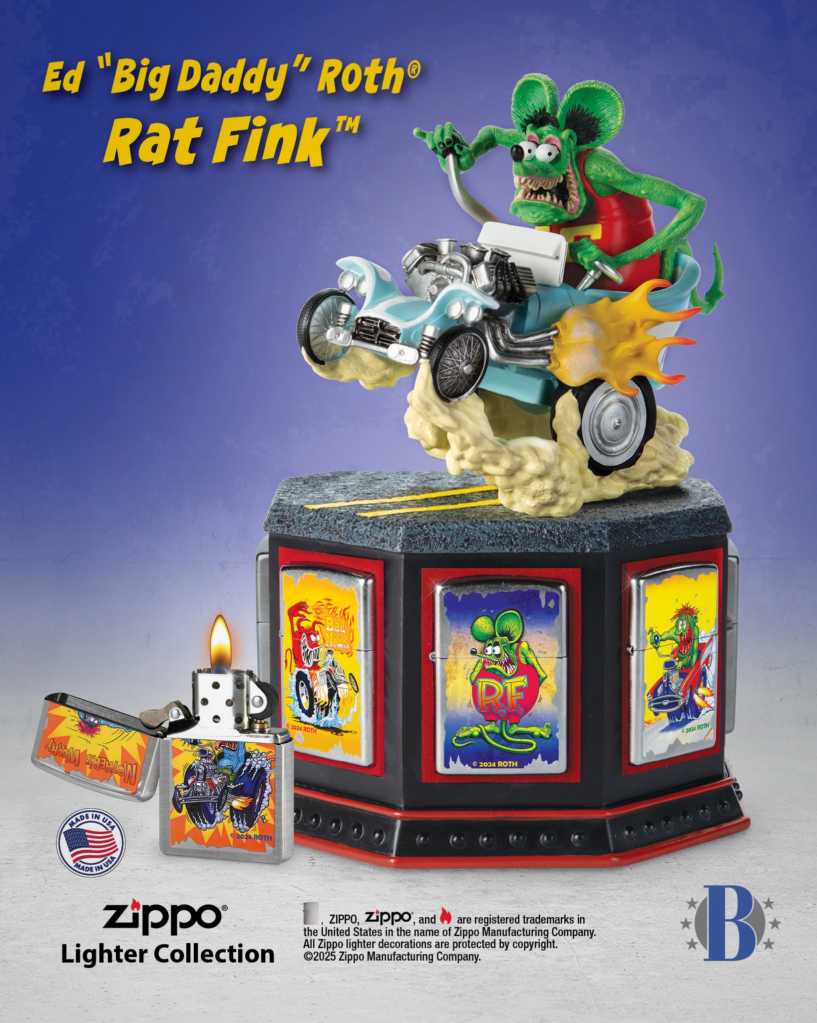 The Bradford Exchange Canada Facebook ad: Big Daddy Roth Zippo Lighters With Custom Display