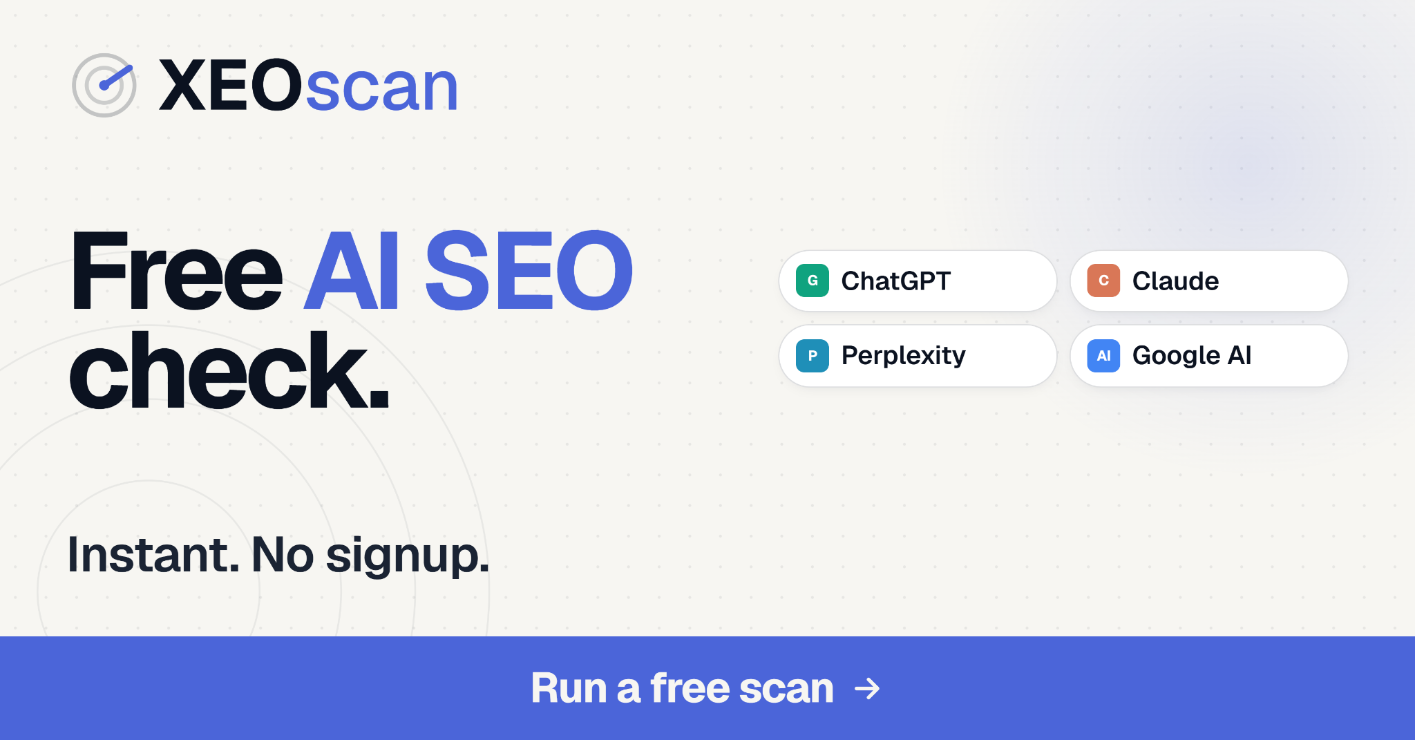 XEOscan Facebook ad: Free AI SEO scan in 30s