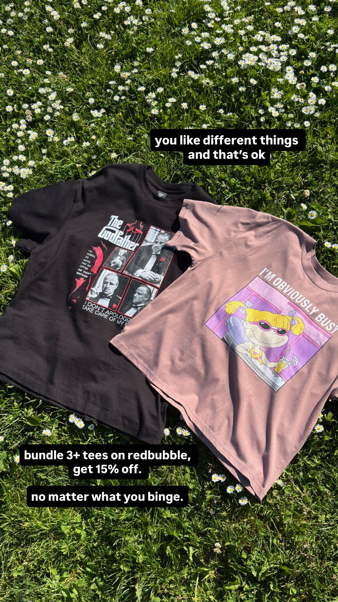 Redbubble Facebook ad: Bundle 3 Tees Together & Save 15%