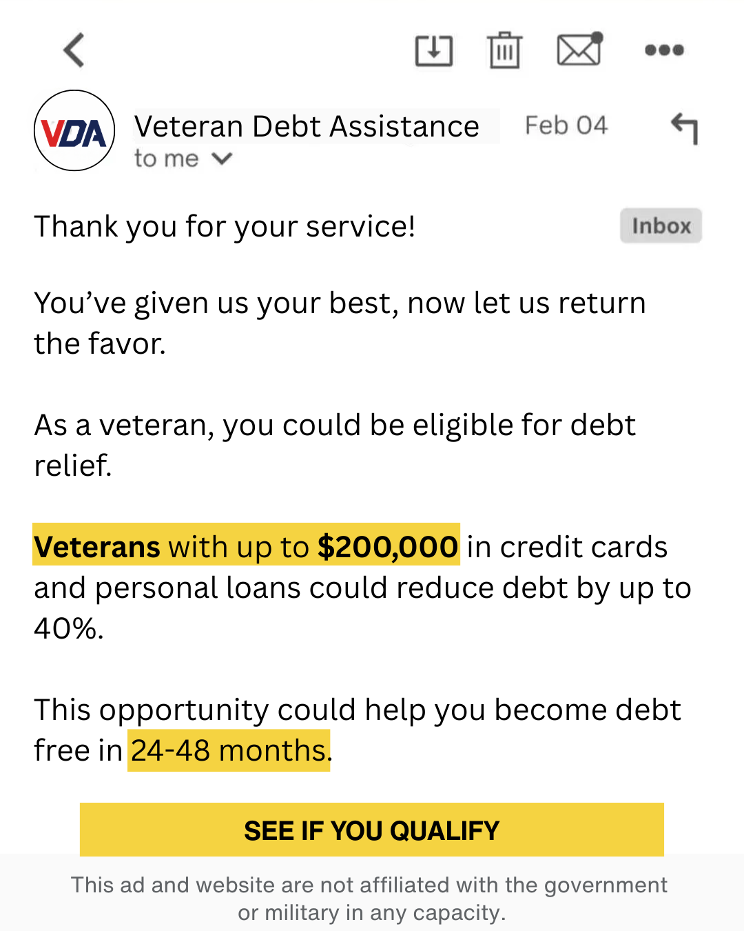 Veteran Debt Assistance Facebook ad