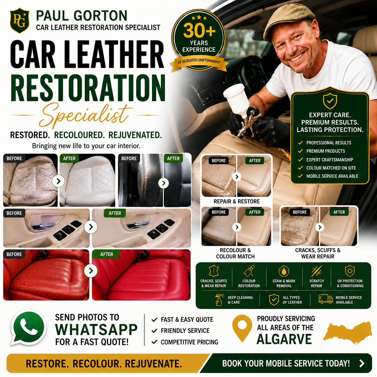 Algarve Leather Restoration Specialist Facebook ad: Transform your tired, faded leather back to life…