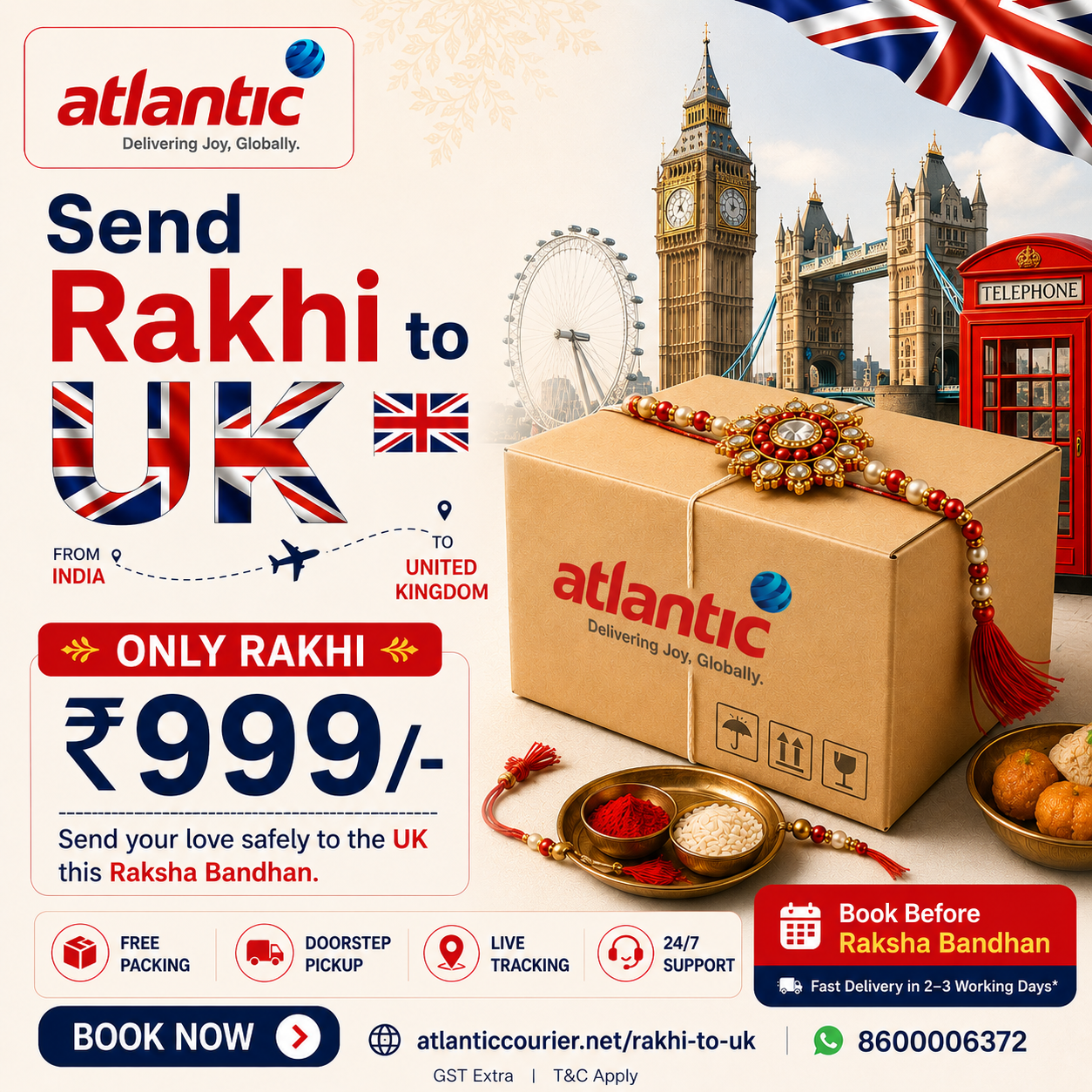 Atlantic International Express Facebook ad: Send Rakhi to UK from ₹999