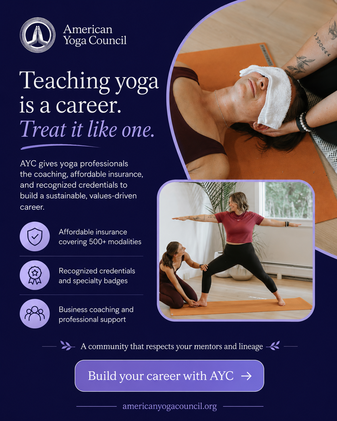 American Yoga Council Facebook ad: Teaching yoga is a career. Treat it like one.