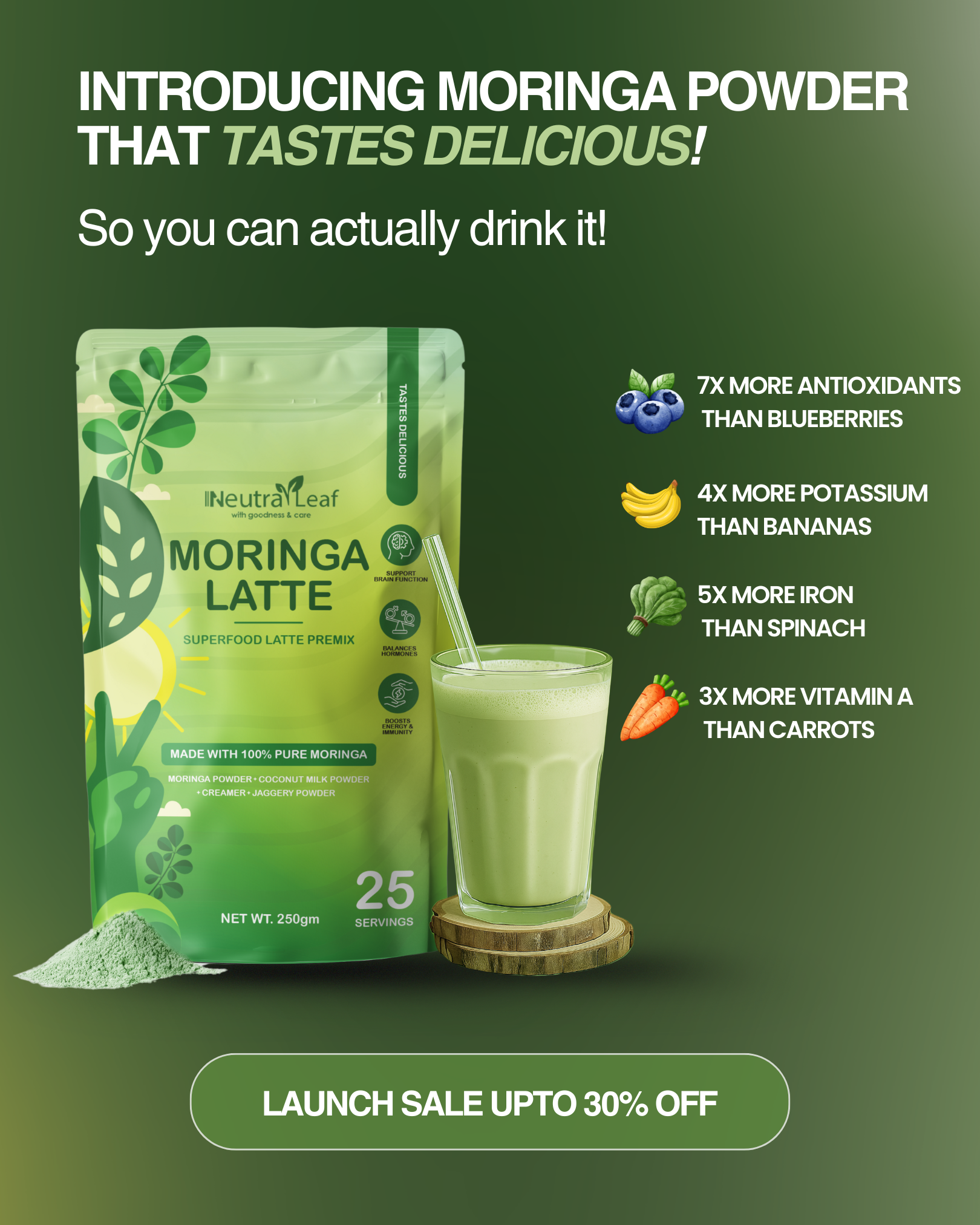 NeutraLeaf India Facebook ad: Your Favorite Moringa Powder now Tastes good & Feels better.