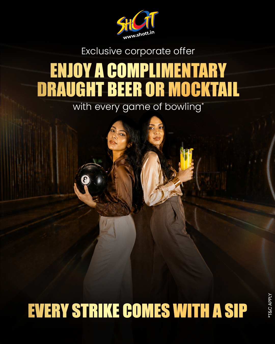 SHOTT Facebook ad: Buy 1 Bowling Game, Get 1 Drink FREE