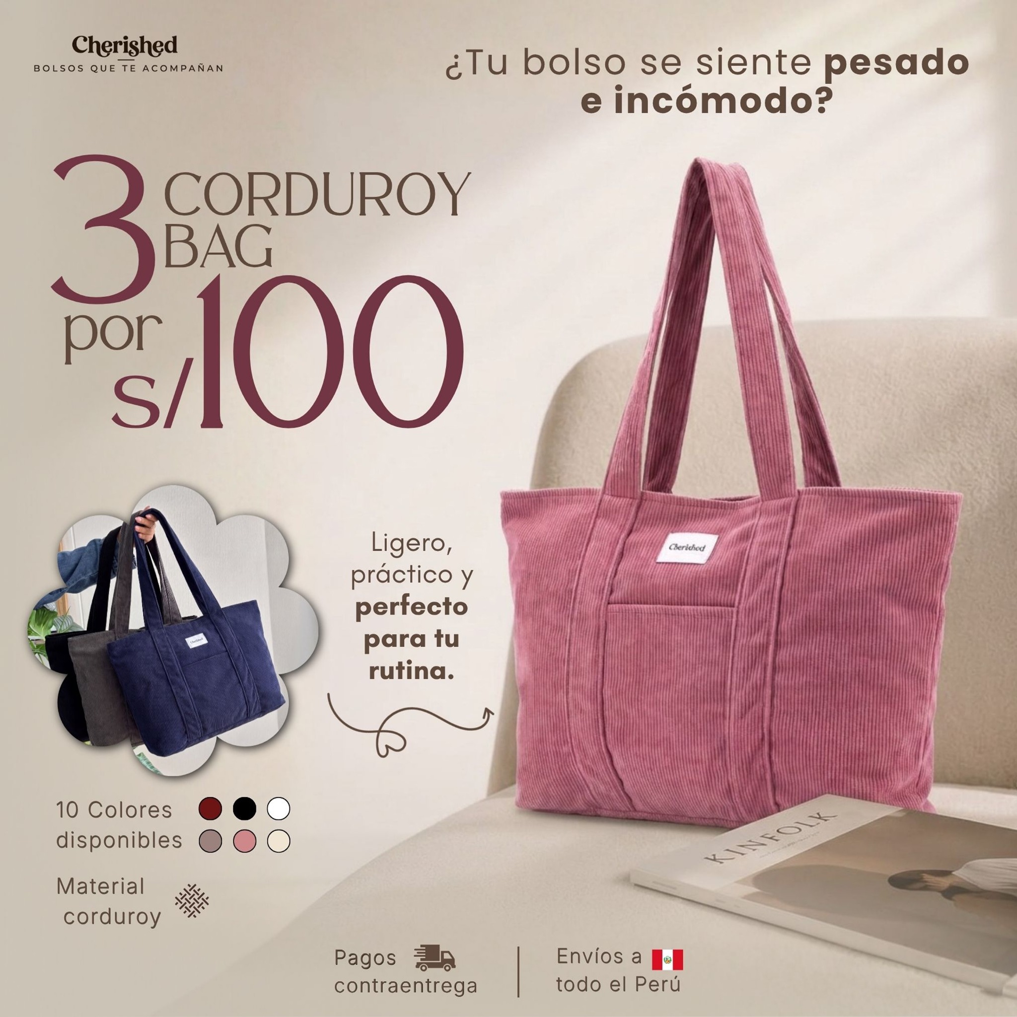 Cherished Perú Facebook ad: 3 bolsos Corduroy x S/100
