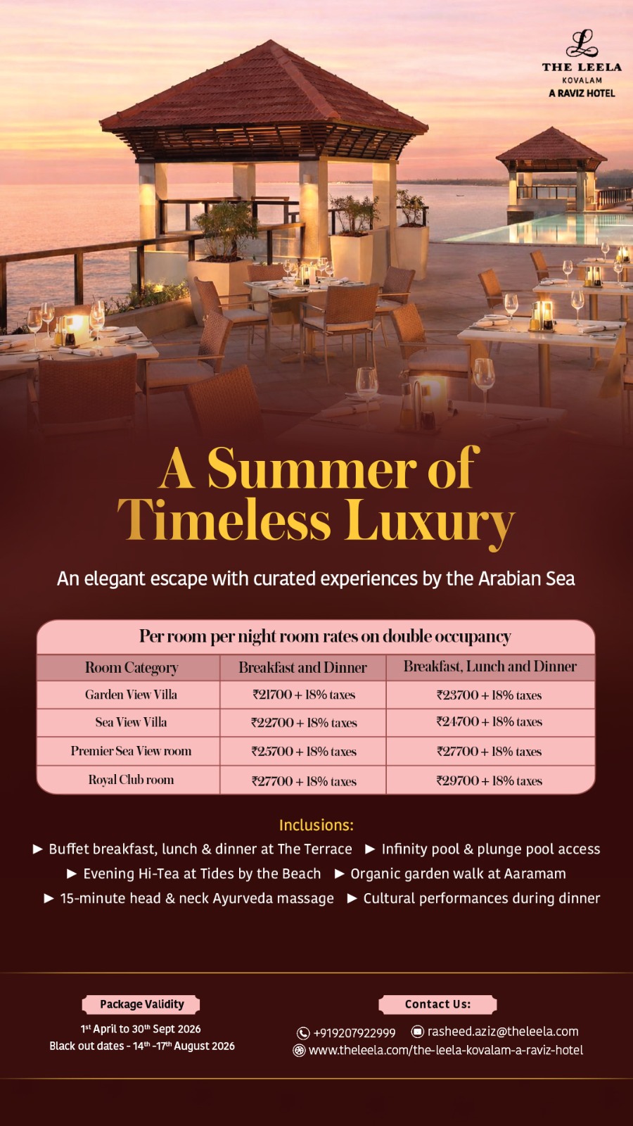 The Leela Kovalam A Raviz Hotel Facebook ad from Apr 1, 2026