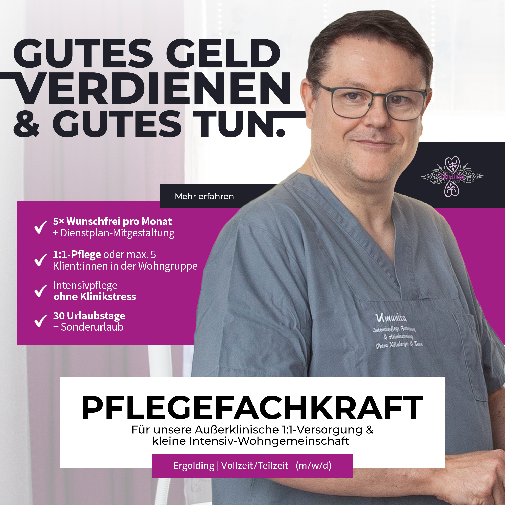 Umanita - Intensivpflegedienst P. Kölnberger Facebook ad: Pflege mit Zeit, 1:1 statt Dauerstress