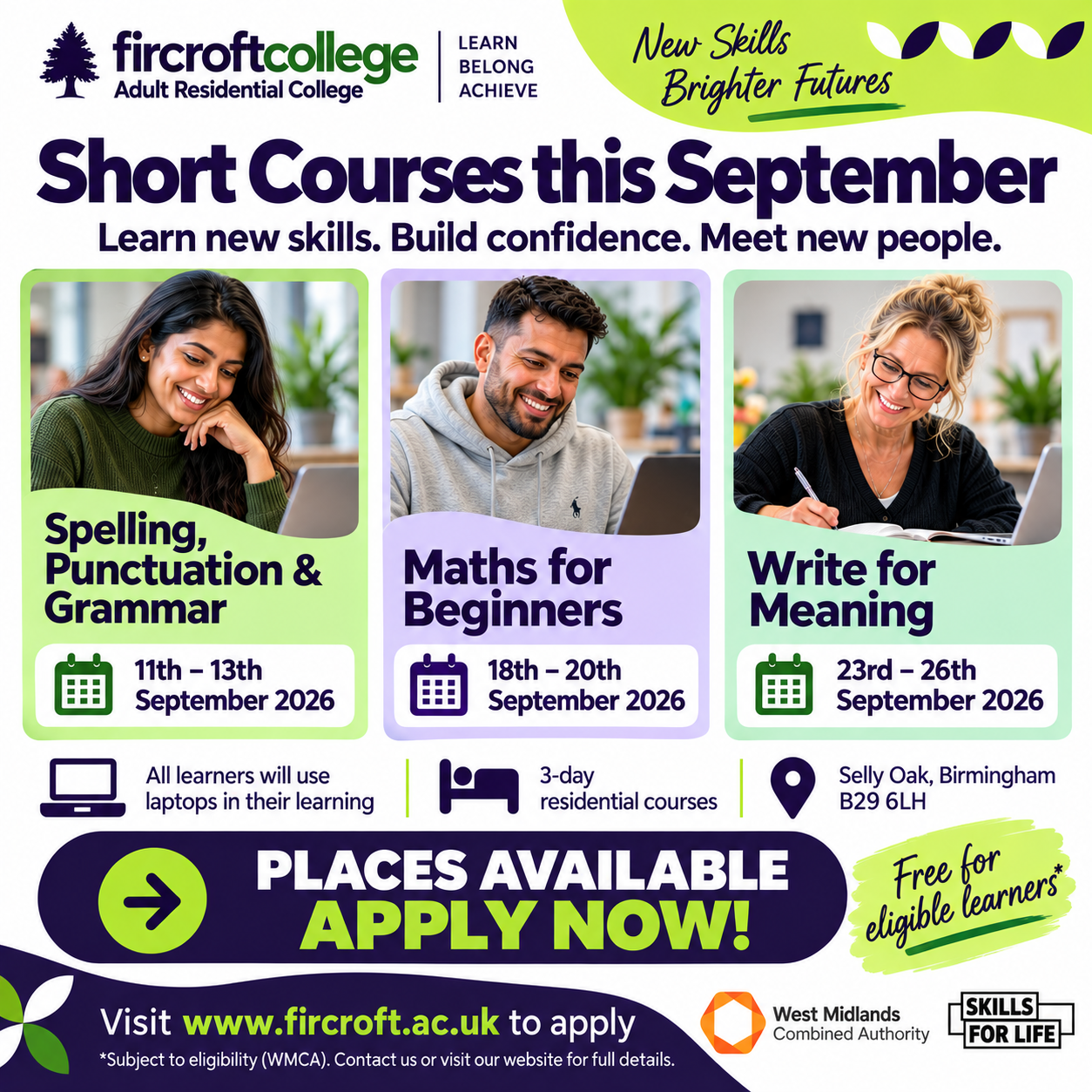 Fircroft College of Adult Education Facebook ad: Build Your Skills & Confidence This September