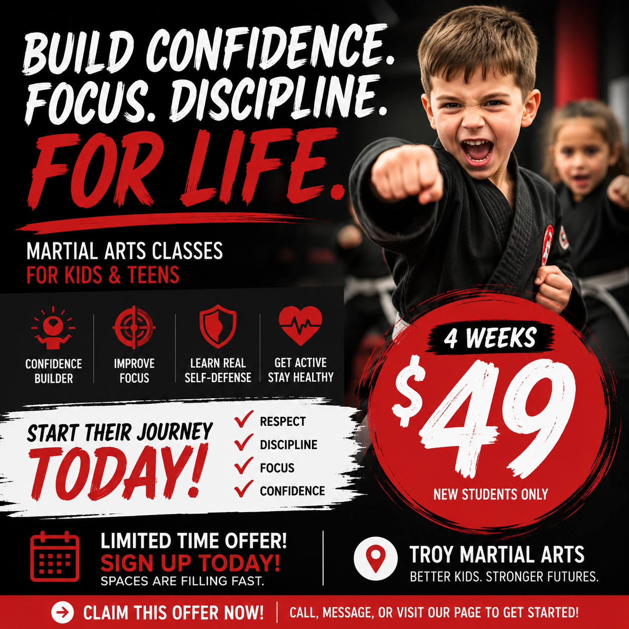 Troy Martial Arts Facebook ad: Self-Defense Starts Here