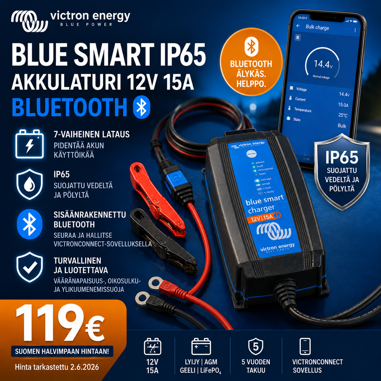 Akku-Ässä Oy Facebook ad: Victron Blue Smart IP65 akkulaturi 12V 15A Bluetooth
