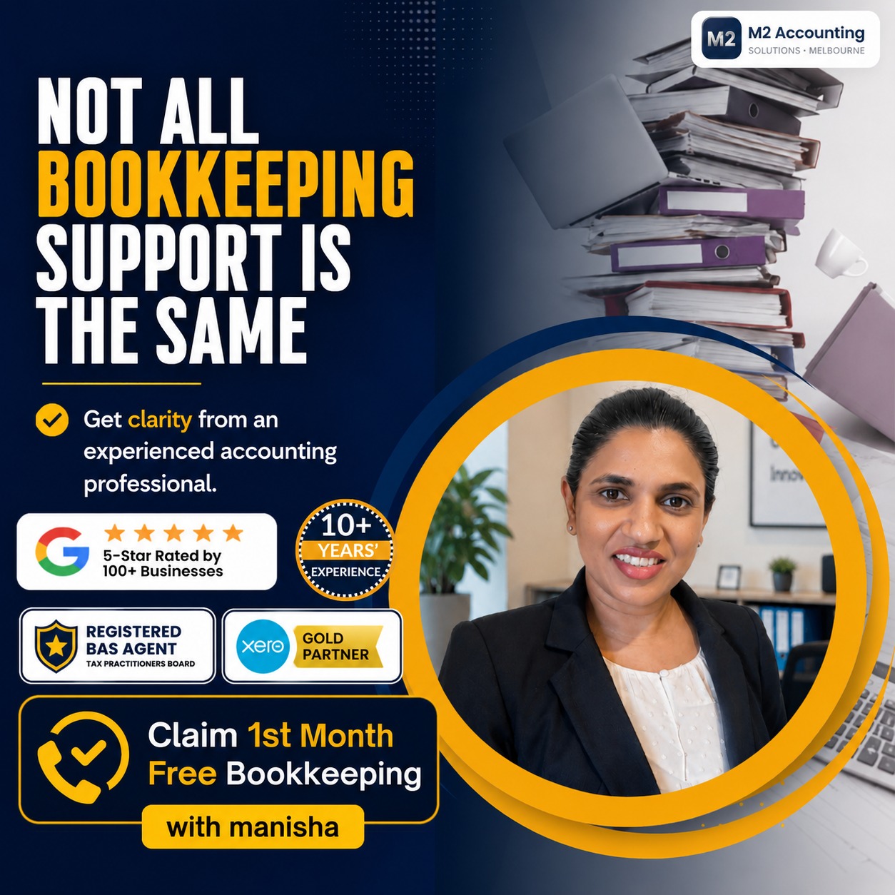 M2 Accounting Solutions Facebook ad: Expert Bookkeeping Support