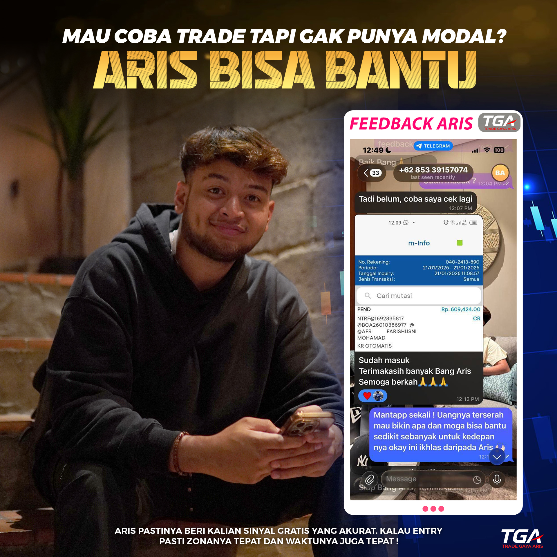 ARIS Gold Master Facebook ad: Mau Coba Trading Tapi Gak Ada Modal? Aris Bisa Bantu!