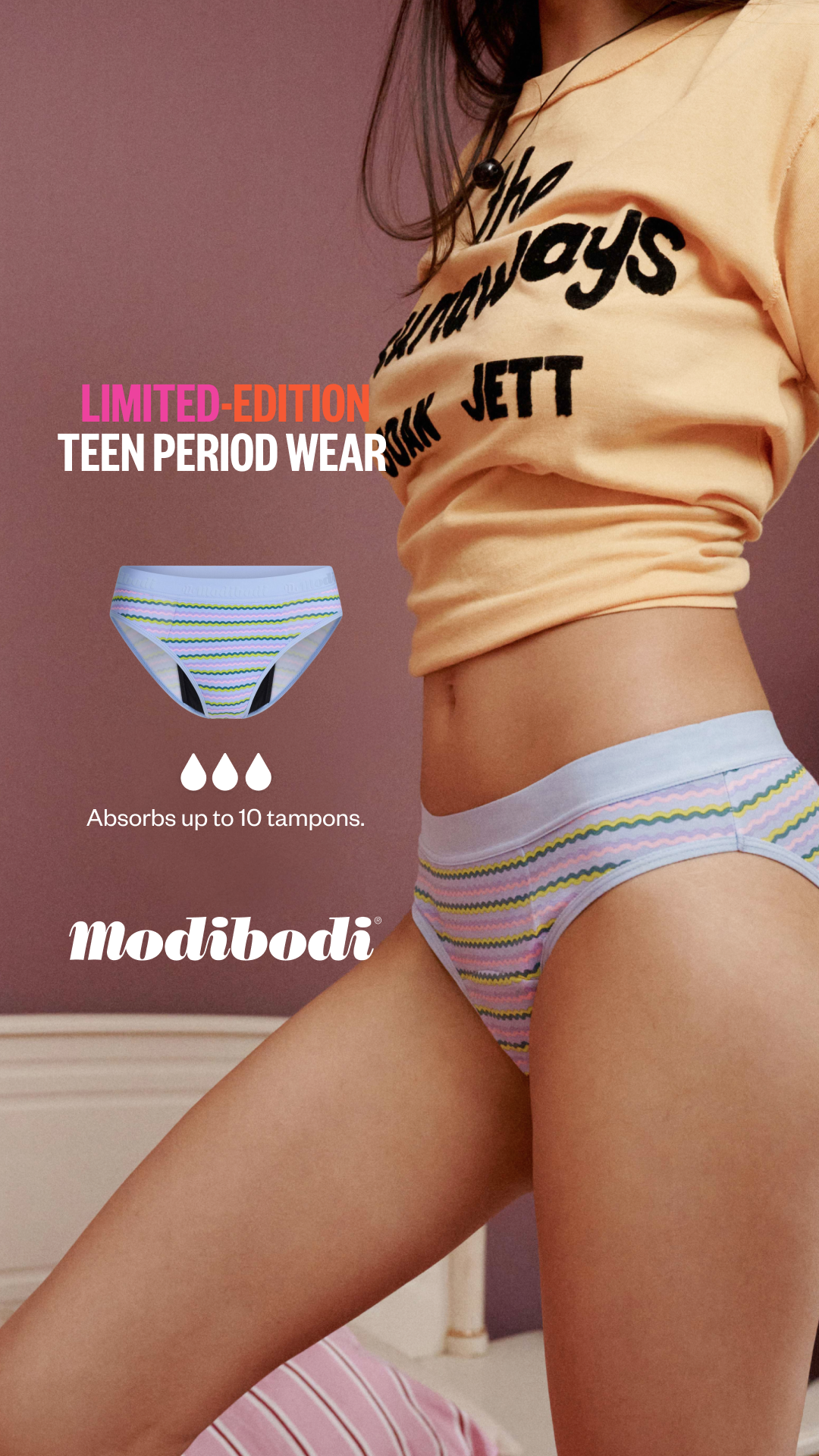 Modibodi Teen Facebook ad: Limited-Edition Prints. Leak-Proof Protection.​