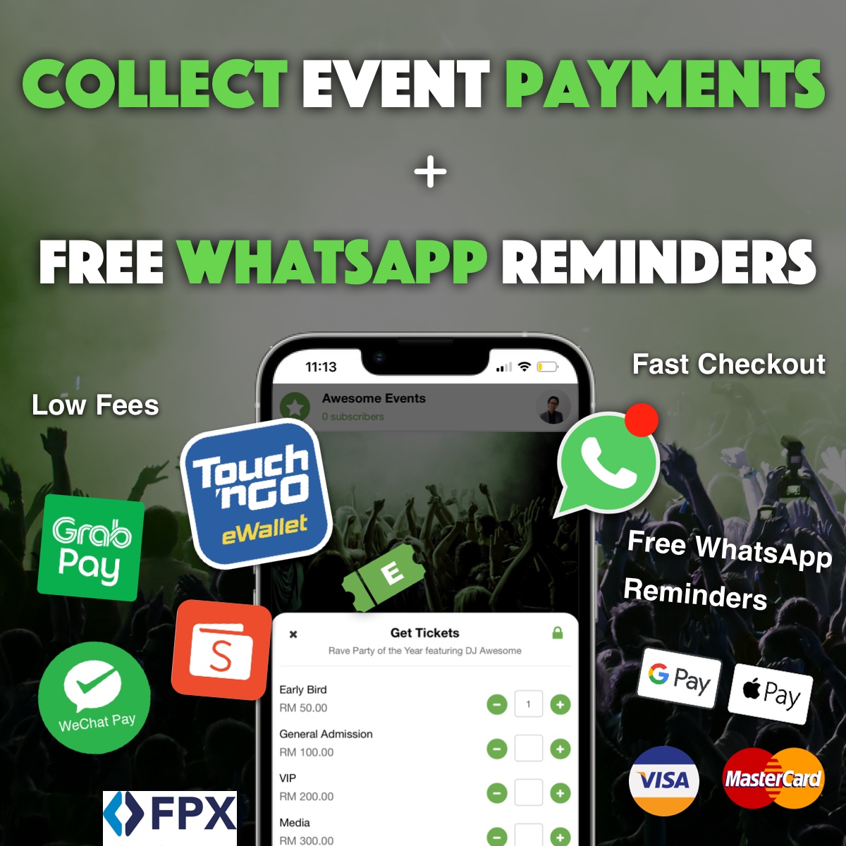 Eventsize Facebook ad: Collect Event Payments + Free WA Reminders