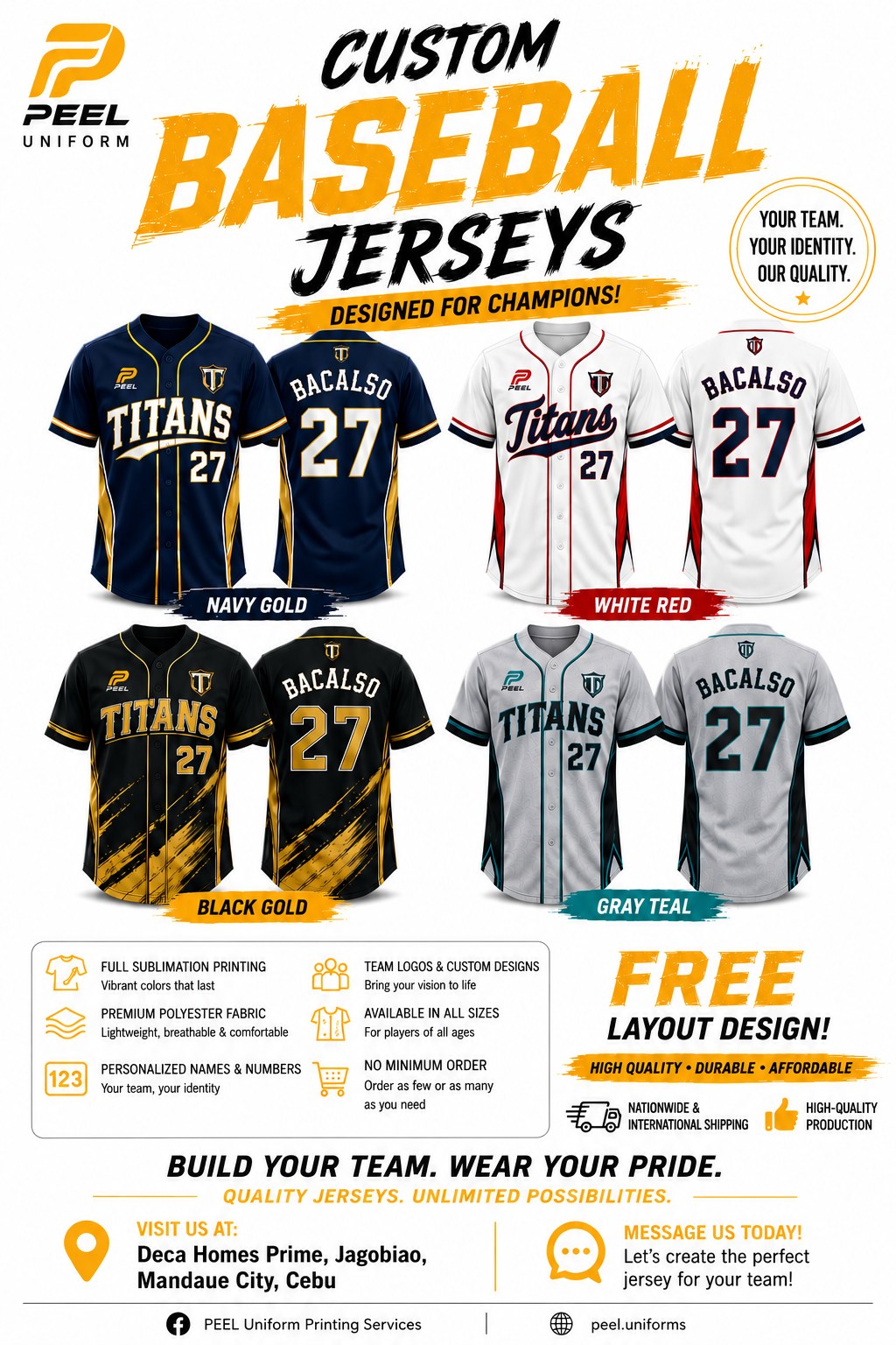 Peel Prints Creations Facebook ad: CUSTOM BASEBALL JERSEYS NOW AVAILABLE!