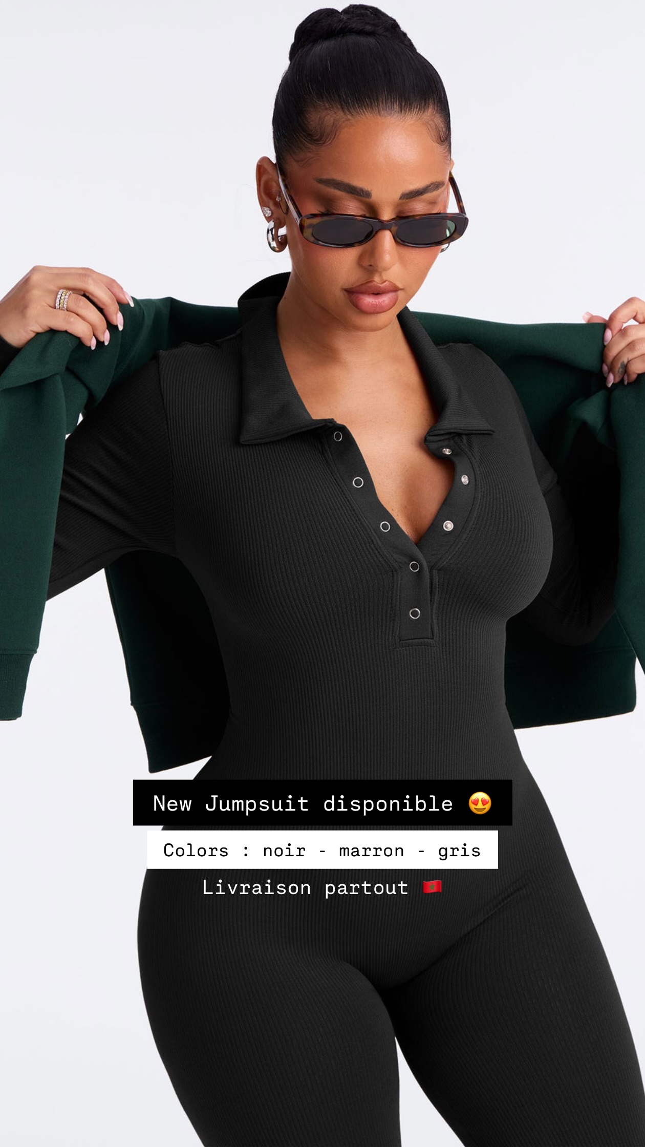 youmiwear Facebook ad: New Jumpsuit disponible Colors: noir - marron …