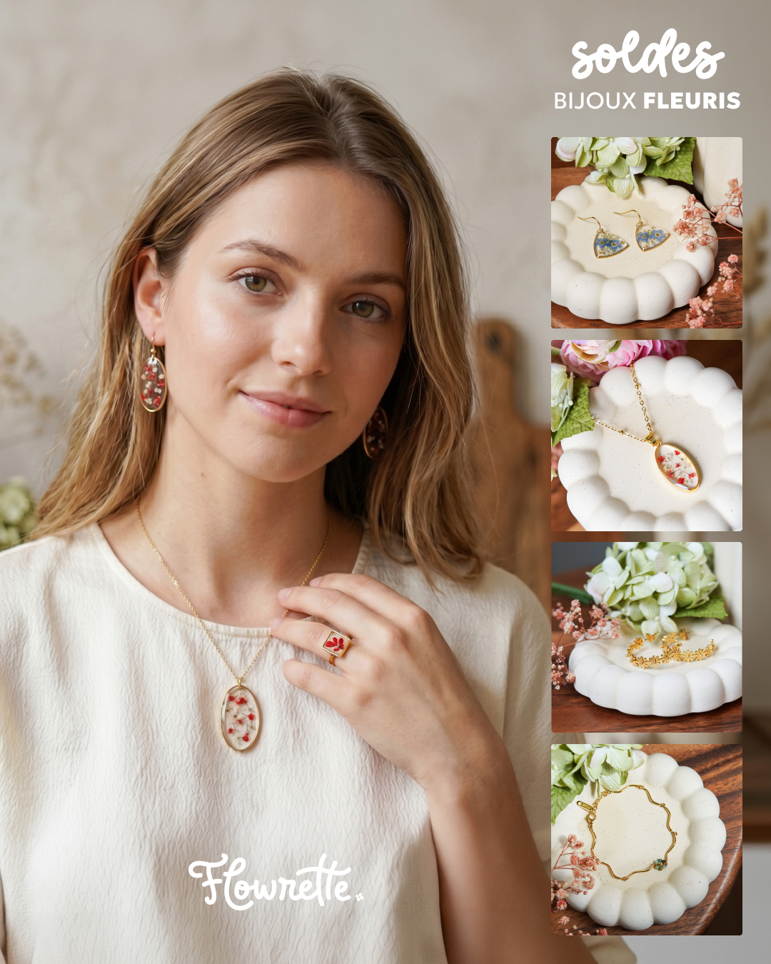 Flowrette.com Facebook ad: Soldes: -20% sur tous nos bijoux fleuris