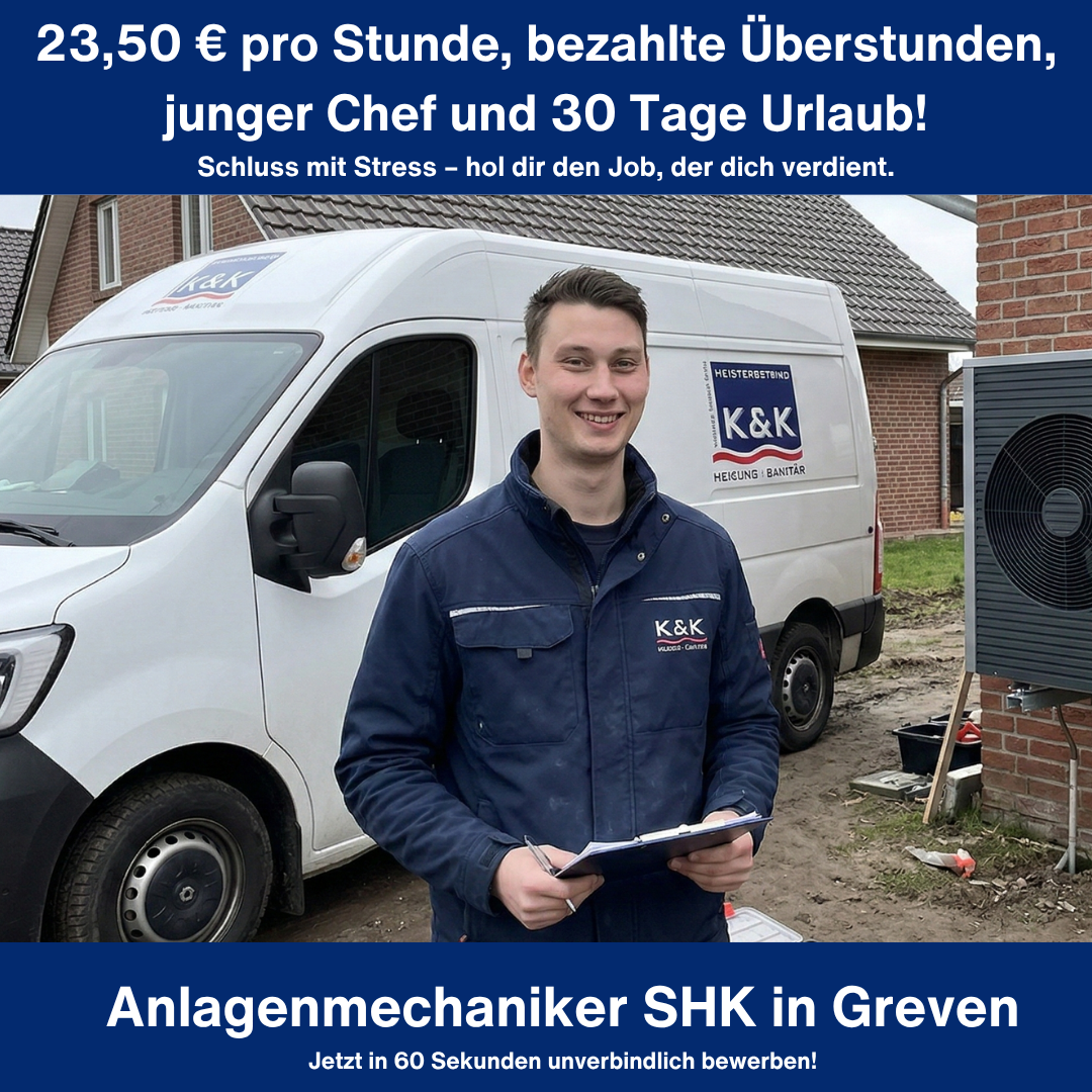 K&K Heizung / Sanitär GmbH - Greven Facebook ad: 48.000 €/Jahr als Anlagenmechaniker SHK (m/w/d)
