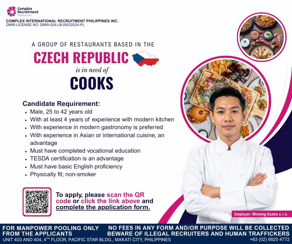Complex International Recruitment Philippines Inc. Facebook ad: AVAILABLE POSITION IN THE CZECH REPUBLIC
