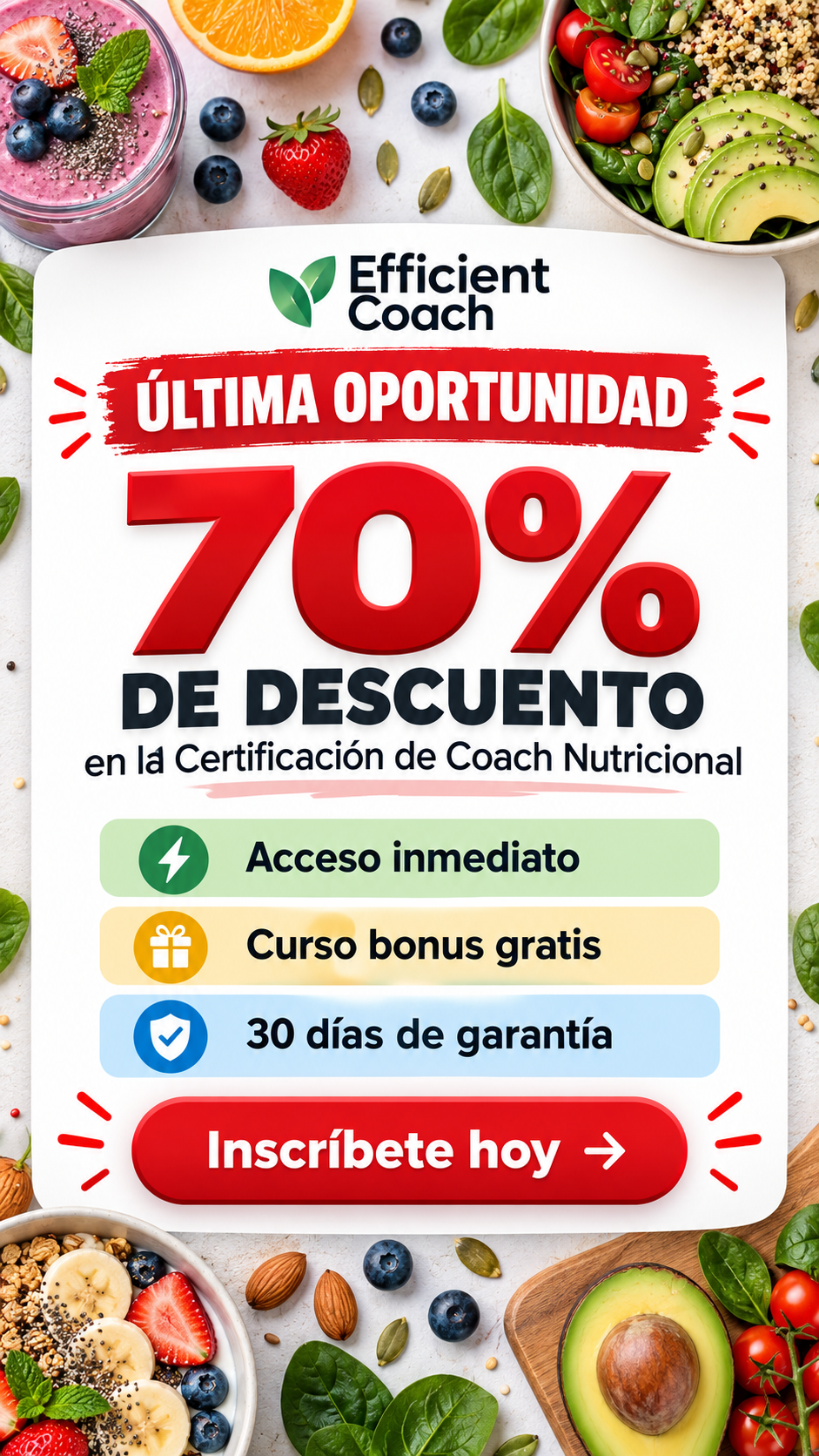 Efficient Coach Facebook ad: NUEVO: Conviértete en Coach de Nutrición Certificado