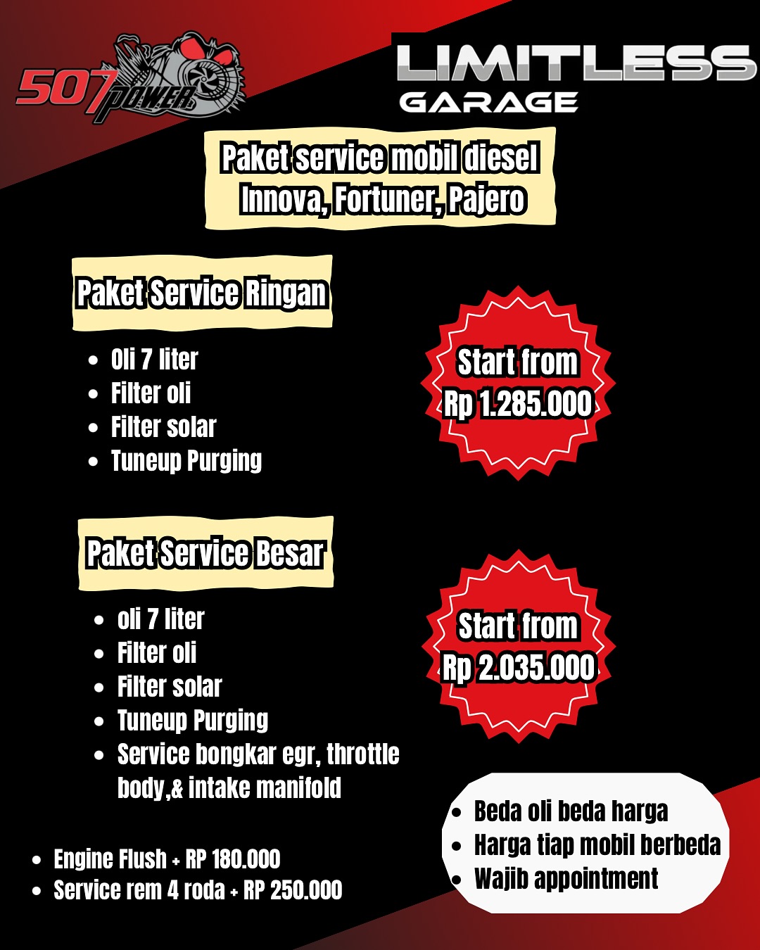 Limitless Garage Facebook ad: Paket service mobil diesel innova, fortuner,& pajero
