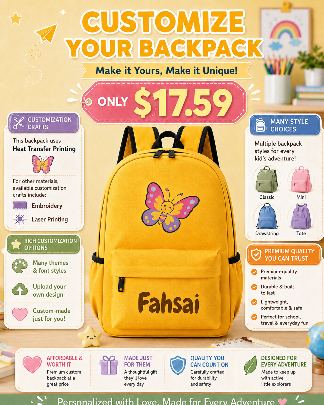 VellGift Facebook ad: Custom Kids’ Backpacks | Embroidery & Printing