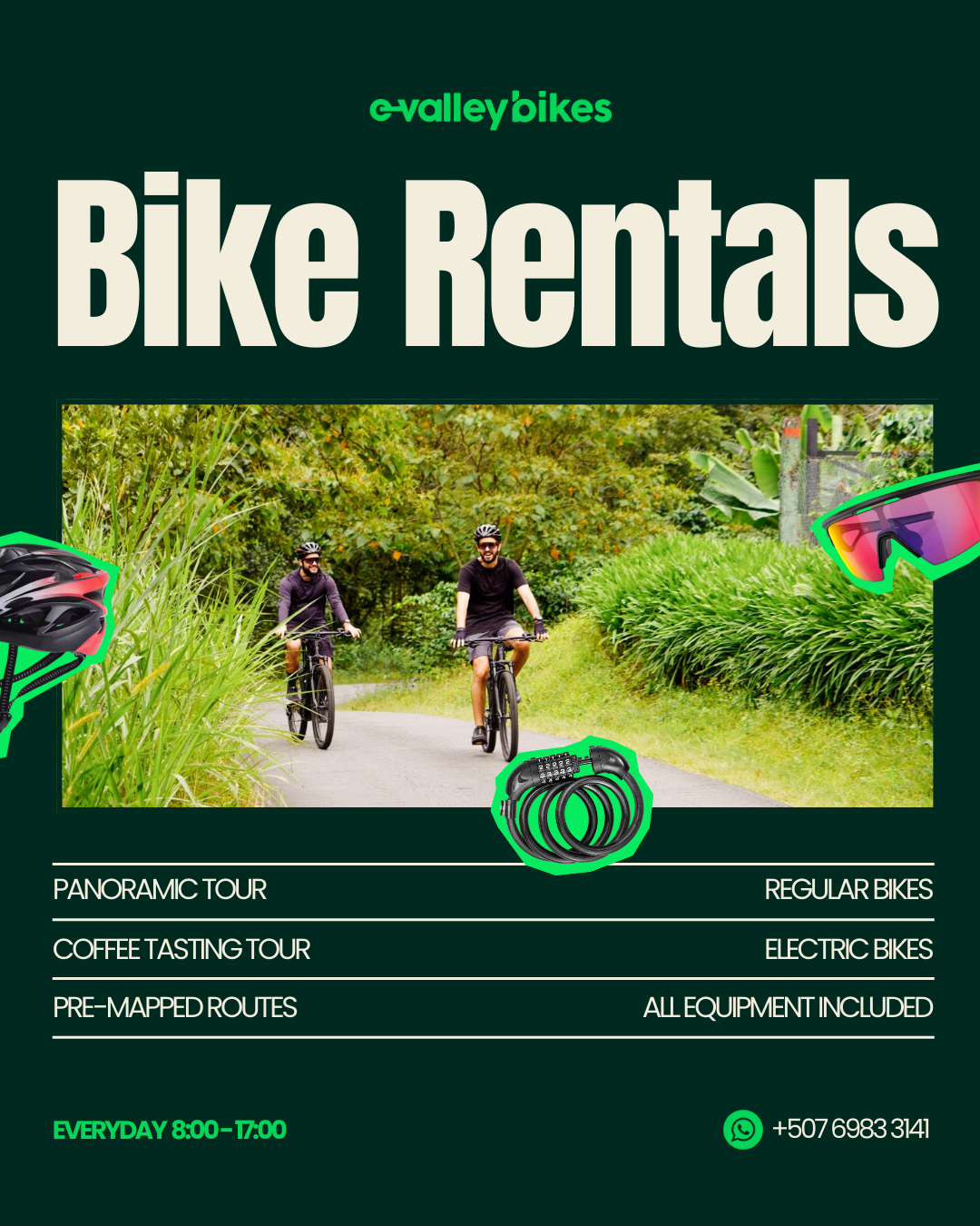 E-Valley Bikes Boquete Facebook ad: Regular and Electric Bike Rentals in Boquete